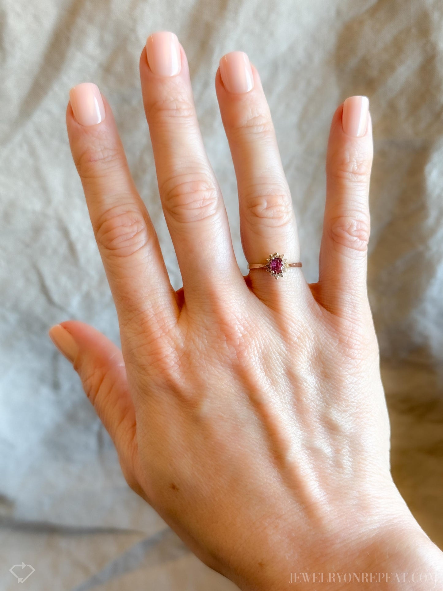 Vintage Ruby and Diamond Halo Gemstone Ring in 14k Gold, Antique Jewelry from the 1990s - Timeless, Sustainable, @JewelryOnRepeat