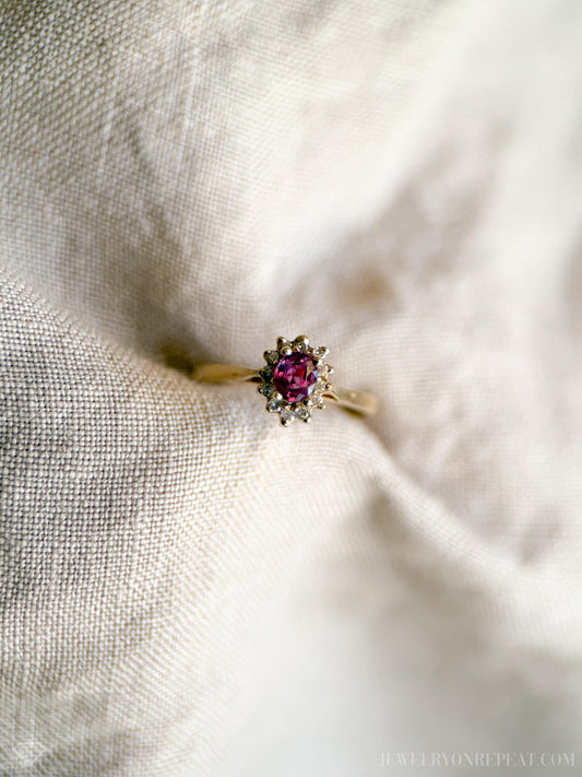 Vintage Ruby and Diamond Halo Gemstone Ring in 14k Gold, Antique Jewelry from the 1990s - Timeless, Sustainable, @JewelryOnRepeat
