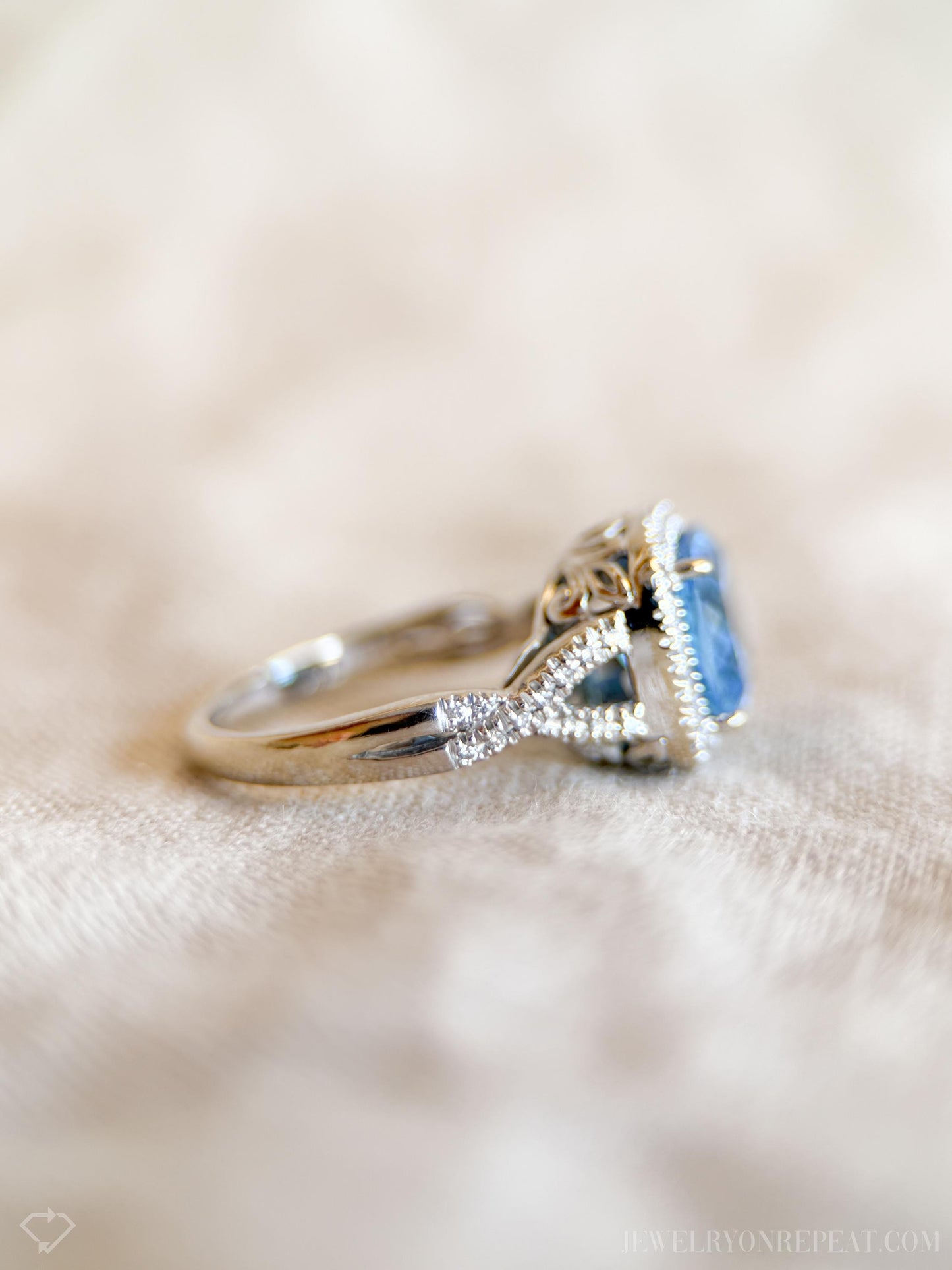 Vintage Blue Topaz Halo Ring in 14k White Gold, Retro Jewelry from the 1990s - Timeless, Sustainable, @JewelryOnRepeat
