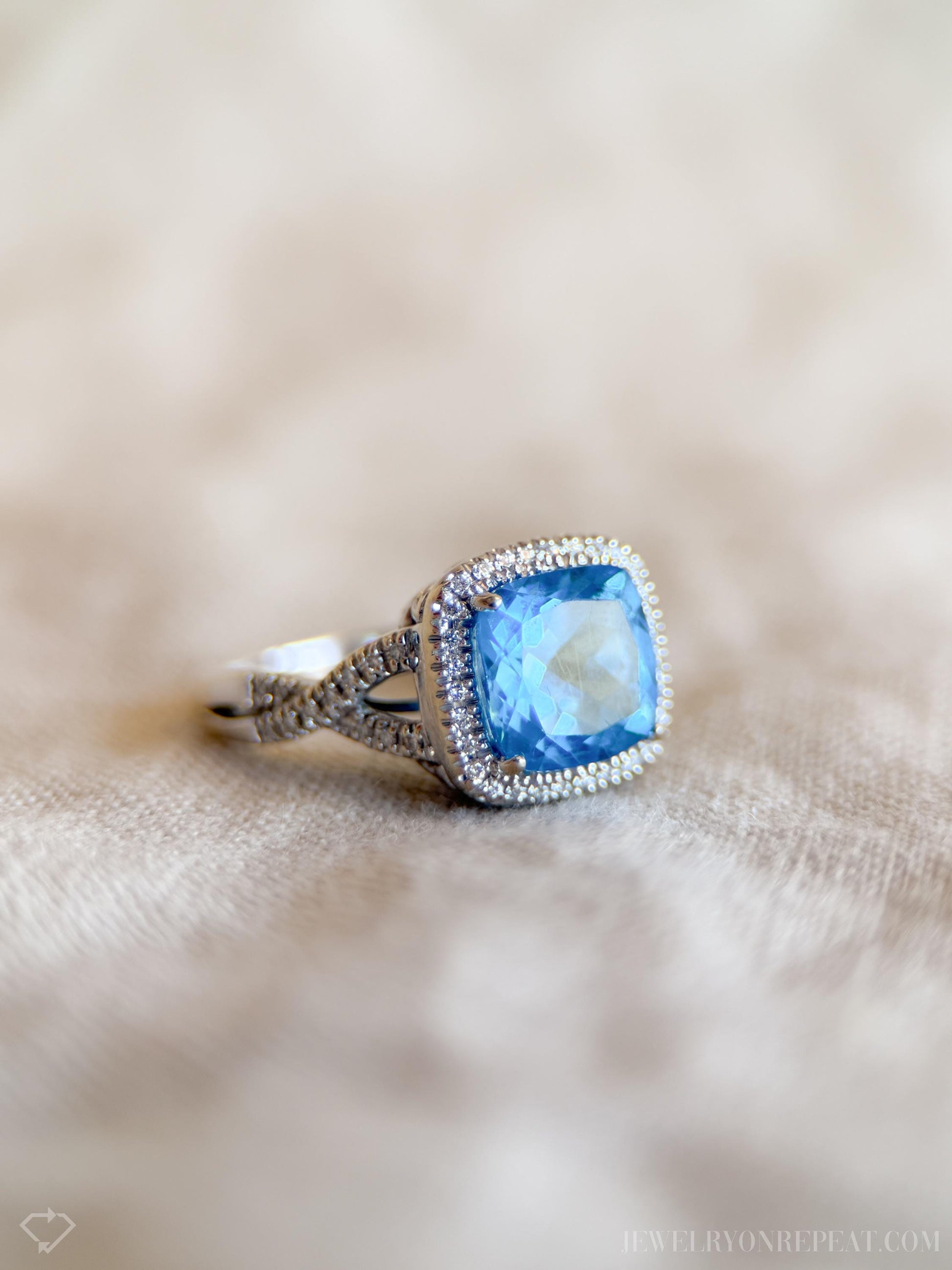 Vintage Blue Topaz Halo Ring in 14k White Gold, Retro Jewelry from the 1990s - Timeless, Sustainable, @JewelryOnRepeat