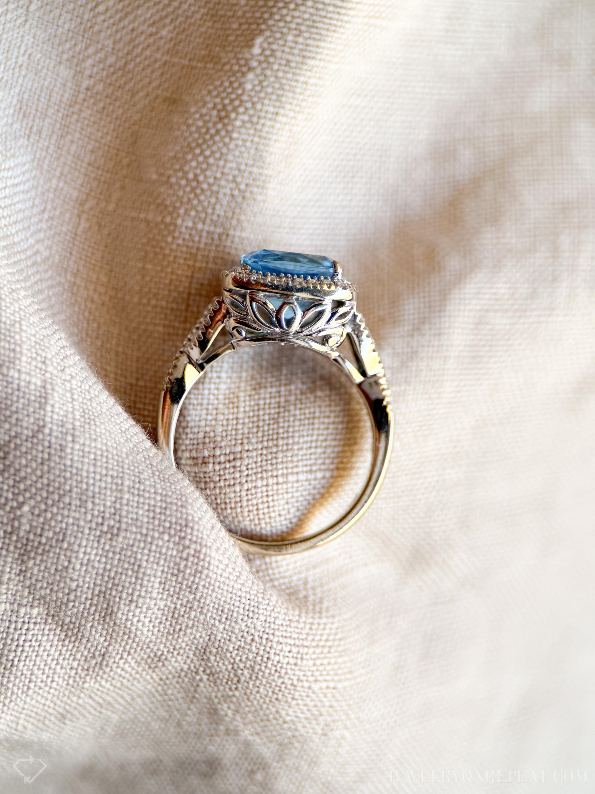 Vintage Blue Topaz Halo Ring in 14k White Gold, Retro Jewelry from the 1990s - Timeless, Sustainable, @JewelryOnRepeat