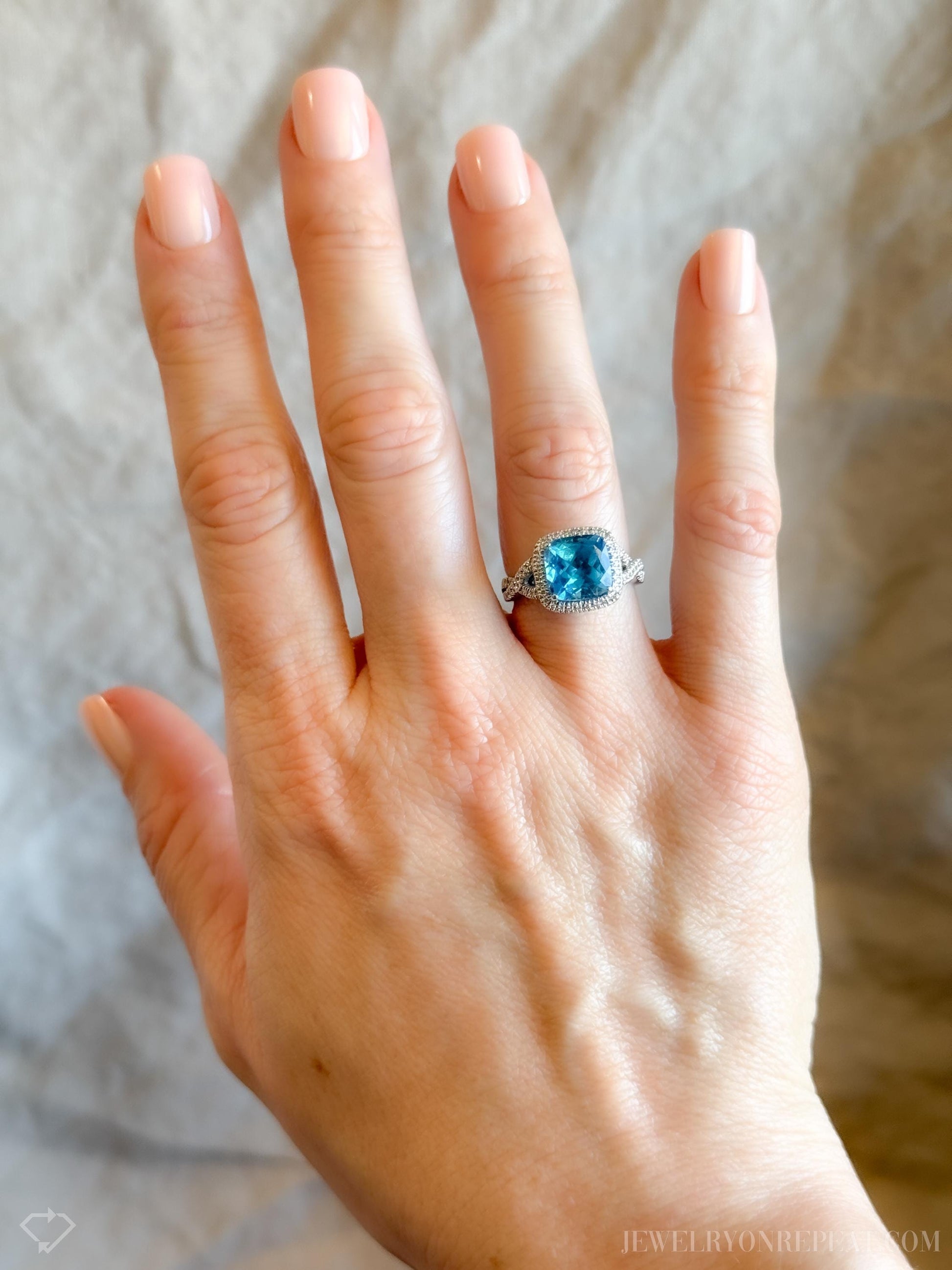Vintage Blue Topaz Halo Ring in 14k White Gold, Retro Jewelry from the 1990s - Timeless, Sustainable, @JewelryOnRepeat