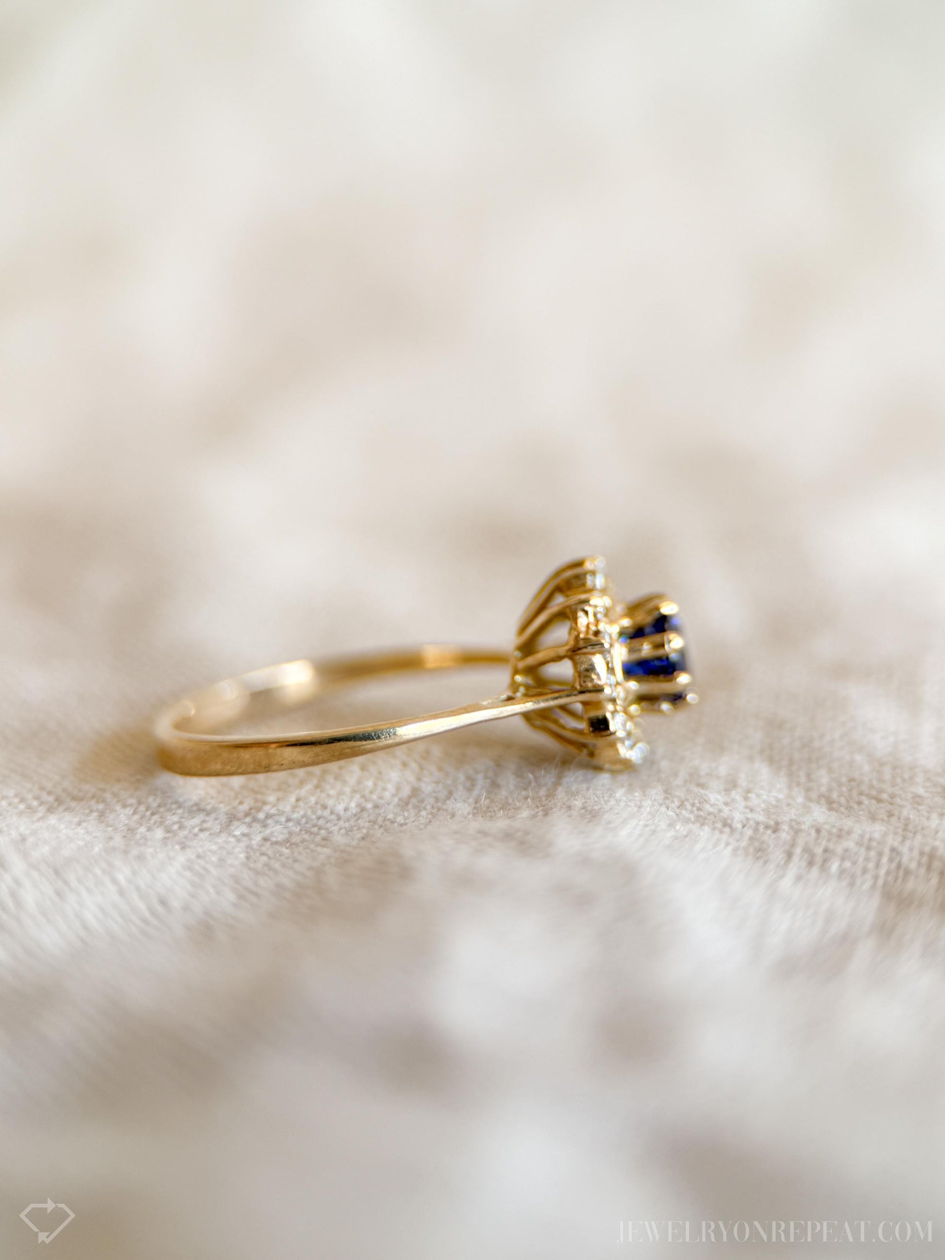 Vintage Sapphire Diamond Halo Gemstone Ring in 14k Gold, Retro Jewelry from the 1990s - Timeless, Sustainable, @JewelryOnRepeat