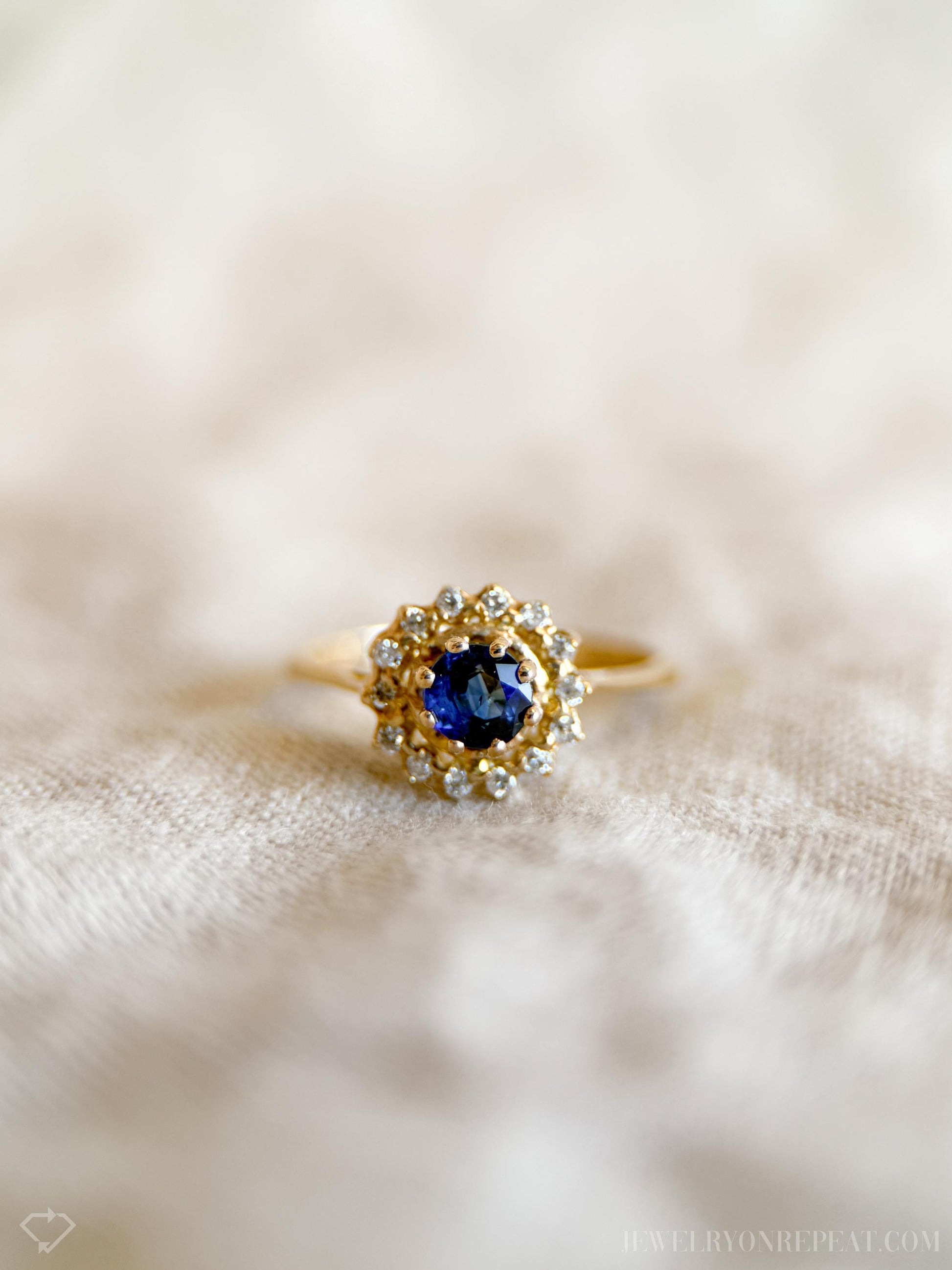 Vintage Sapphire Diamond Halo Gemstone Ring in 14k Gold, Retro Jewelry from the 1990s - Timeless, Sustainable, @JewelryOnRepeat