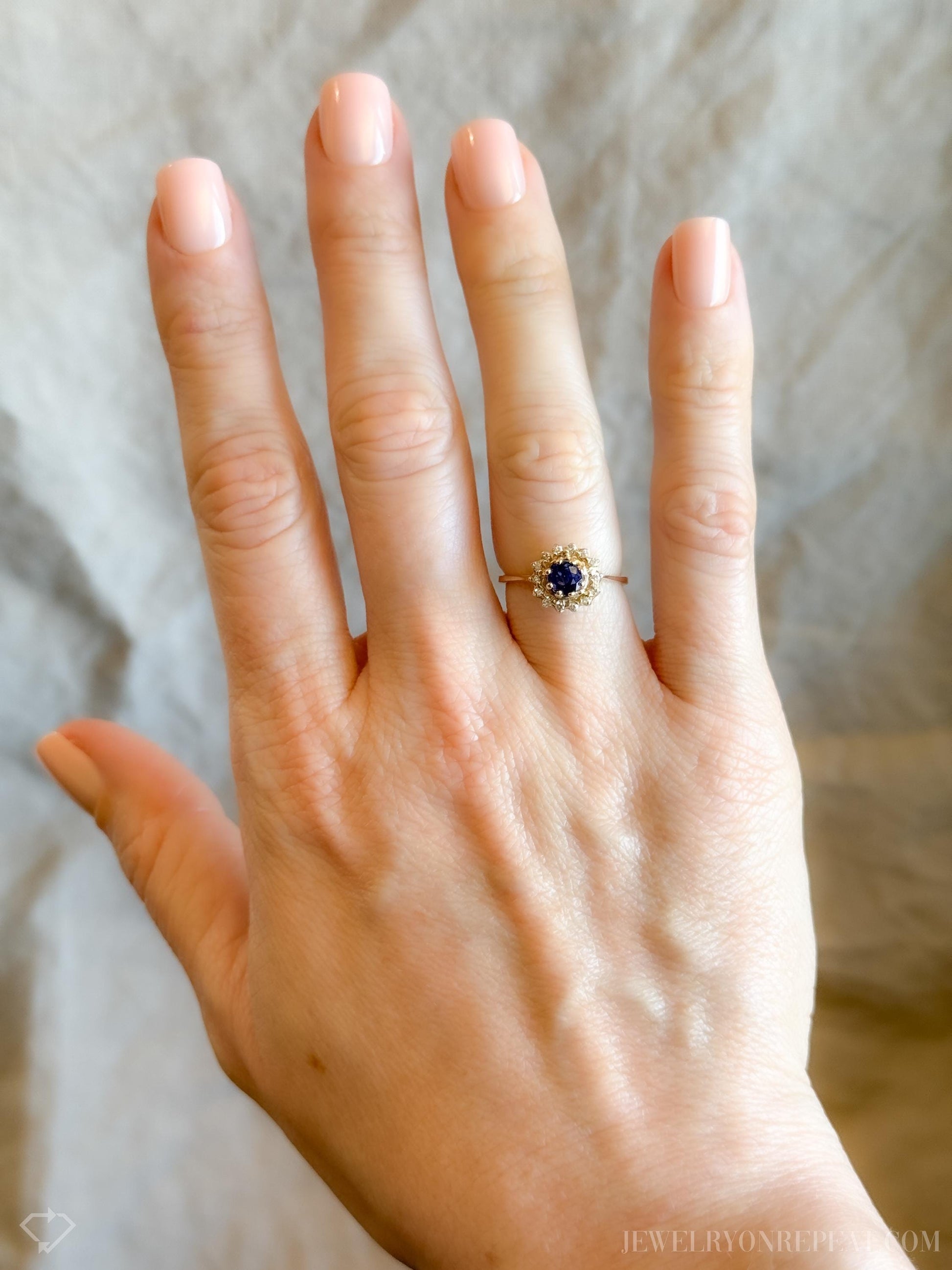 Vintage Sapphire Diamond Halo Gemstone Ring in 14k Gold, Retro Jewelry from the 1990s - Timeless, Sustainable, @JewelryOnRepeat