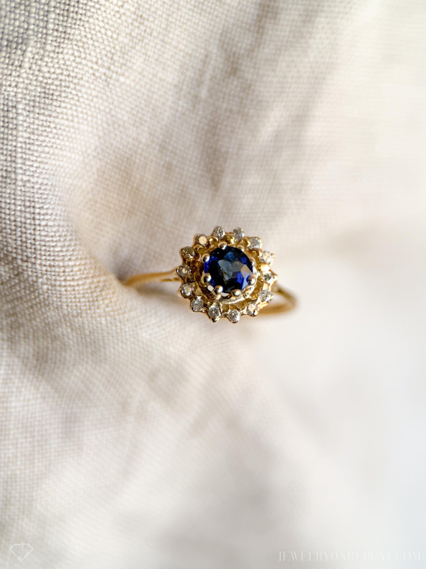Vintage Sapphire Diamond Halo Gemstone Ring in 14k Gold, Retro Jewelry from the 1990s - Timeless, Sustainable, @JewelryOnRepeat