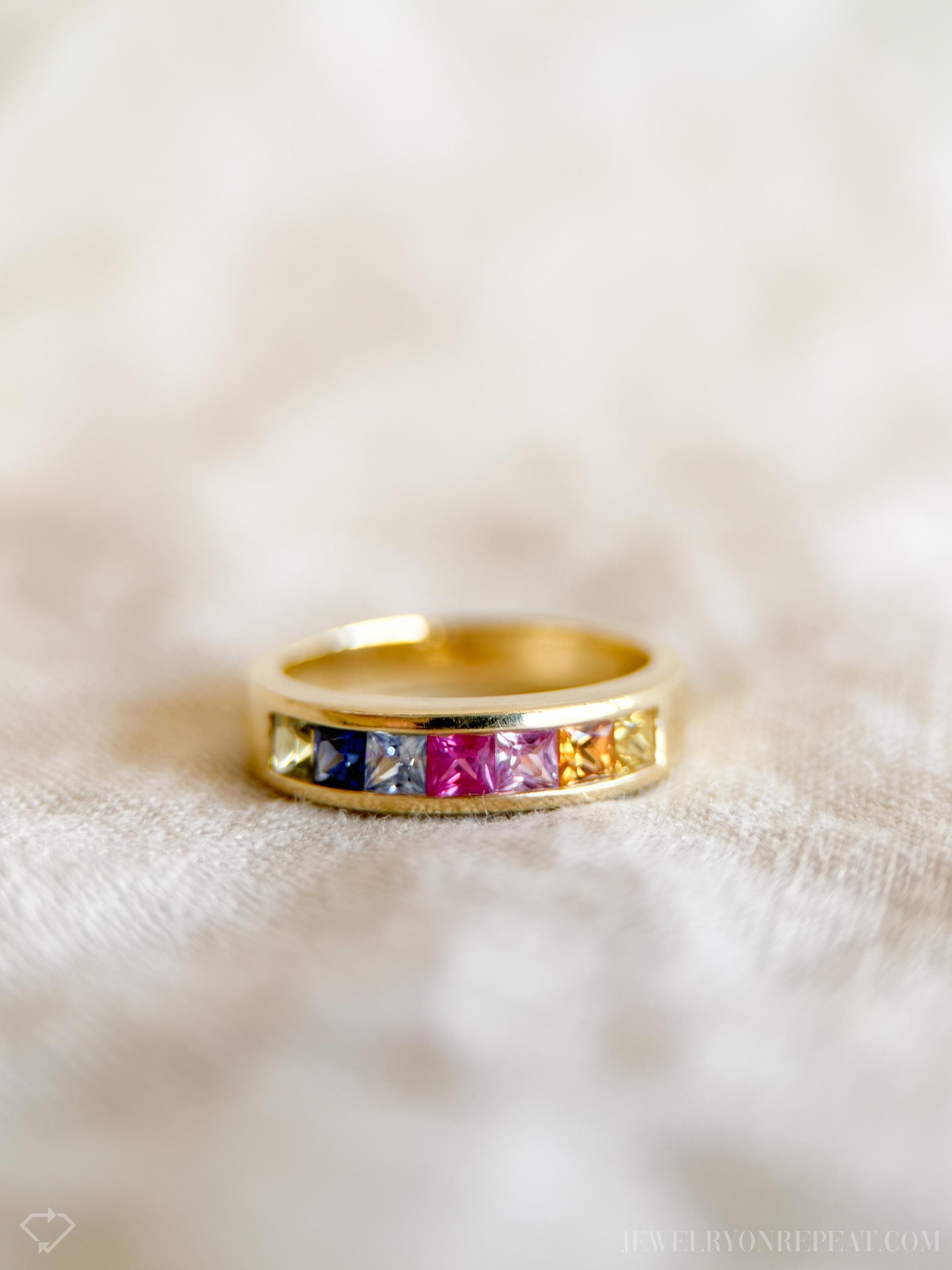 Vintage Rainbow Sapphire Channel Set Band in 14k Gold, Retro Jewelry from the 1990s - Timeless, Sustainable, @JewelryOnRepeat