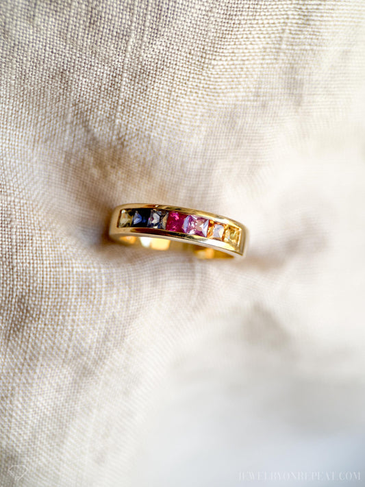 Vintage Rainbow Sapphire Channel Set Band in 14k Gold, Retro Jewelry from the 1990s - Timeless, Sustainable, @JewelryOnRepeat