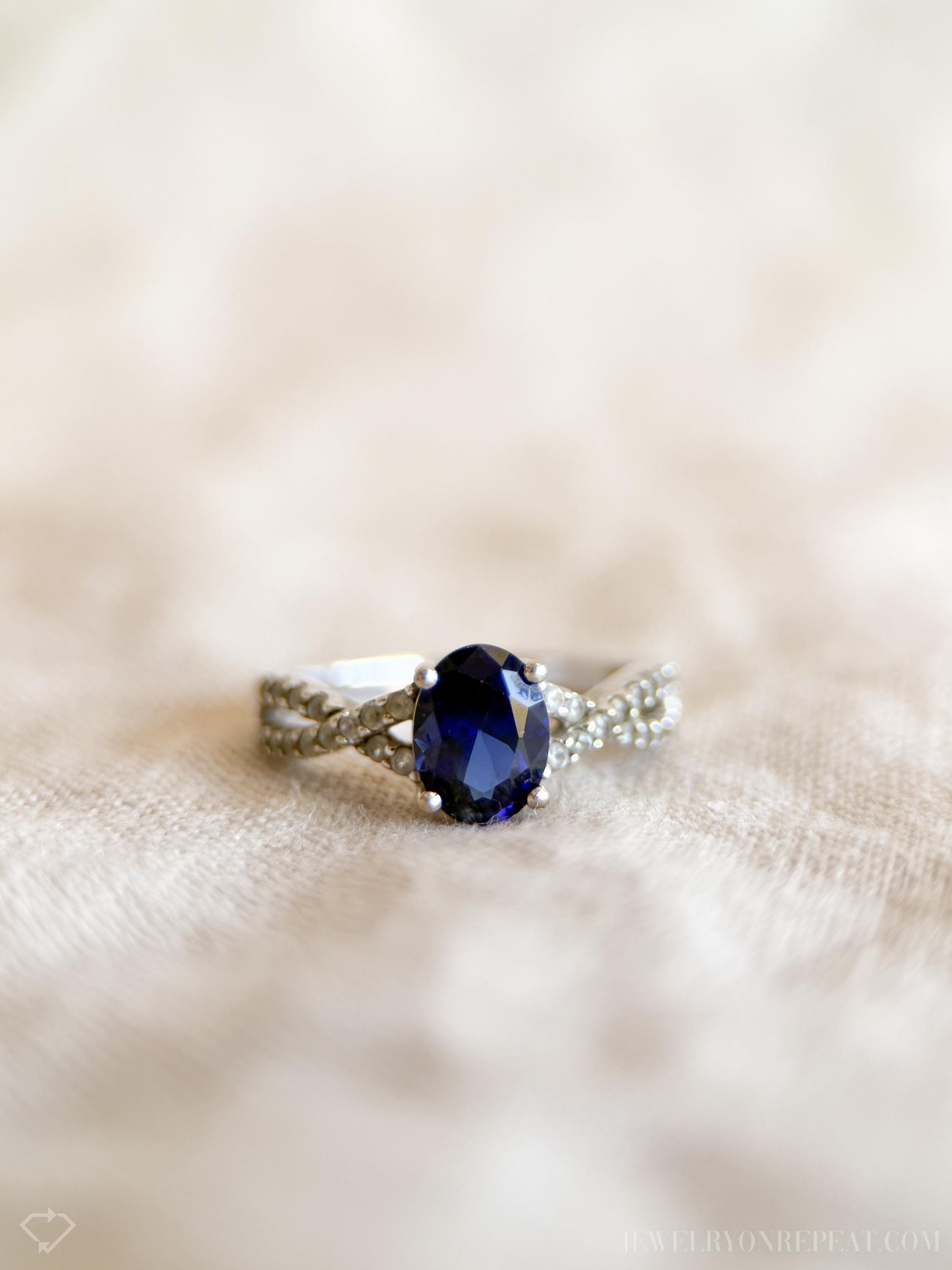 Vintage Oval Blue Sapphire Infinity Ring in 10k White Gold, Retro Jewelry from the 1990s - Timeless, Sustainable, @JewelryOnRepeat