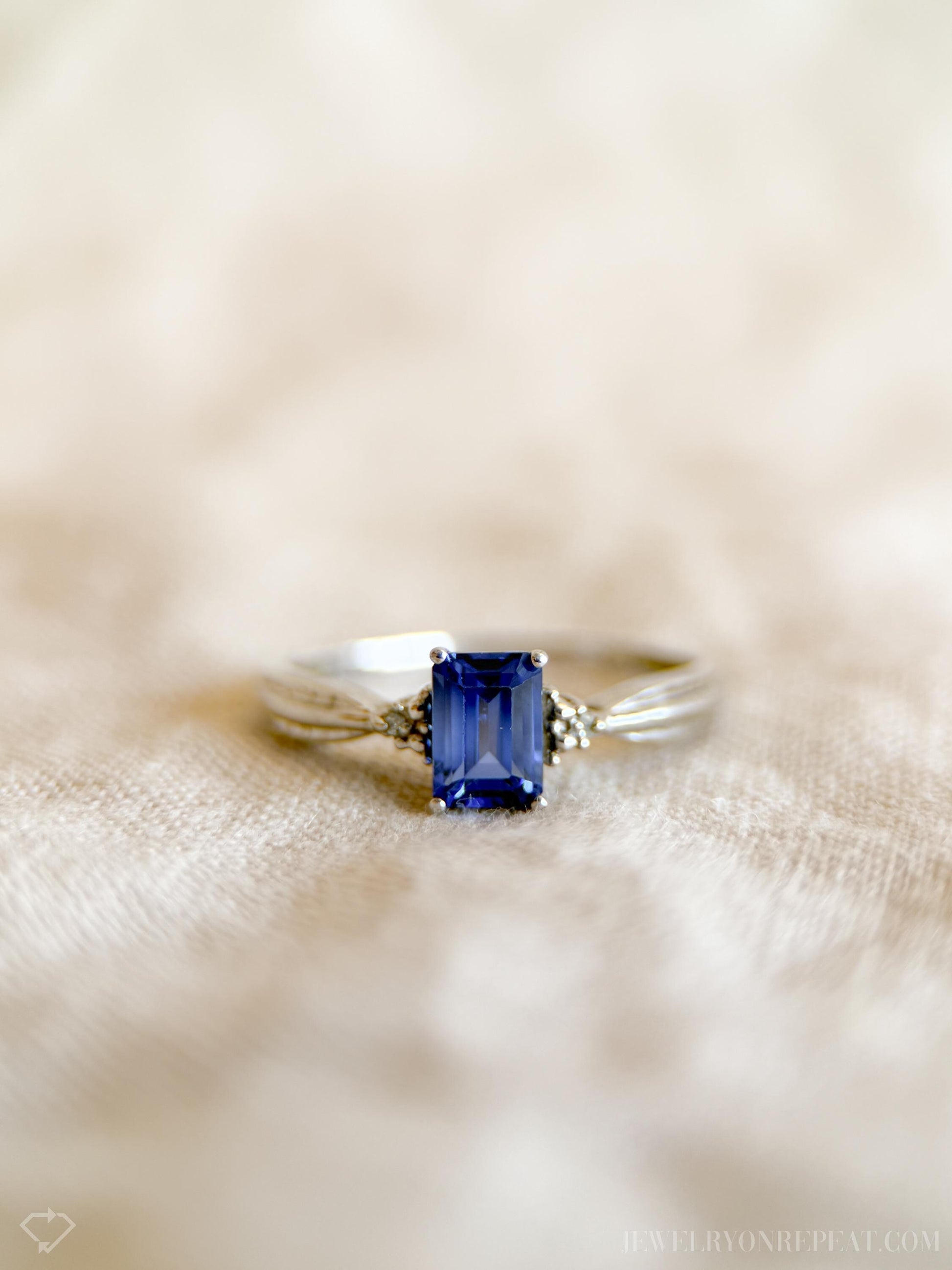 Vintage Emerald Cut Blue Sapphire Gemstone Ring in 10k White Gold, Retro Jewelry from the 1990s - Timeless, Sustainable, @JewelryOnRepeat