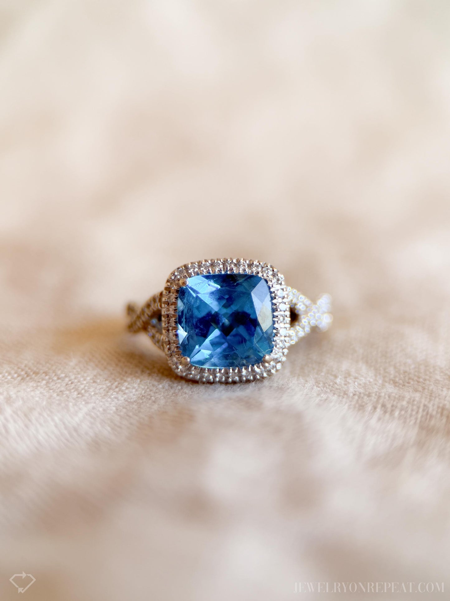 Vintage Blue Topaz Halo Ring in 14k White Gold, Retro Jewelry from the 1990s - Timeless, Sustainable, @JewelryOnRepeat