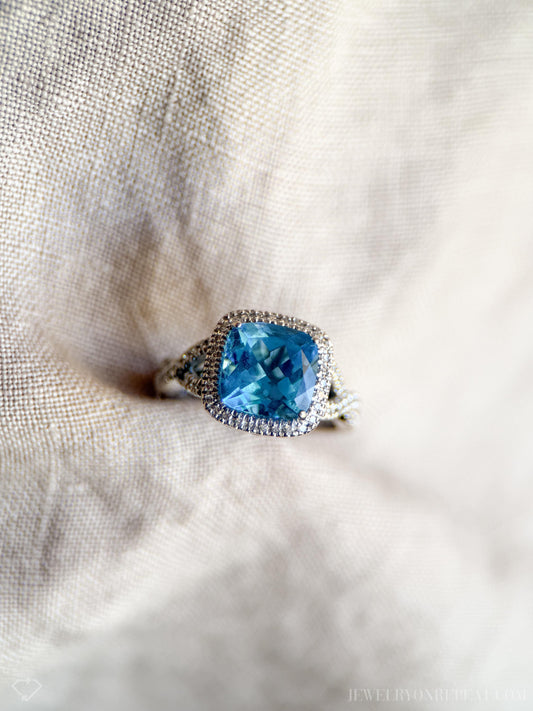Vintage Blue Topaz Halo Ring in 14k White Gold, Retro Jewelry from the 1990s - Timeless, Sustainable, @JewelryOnRepeat