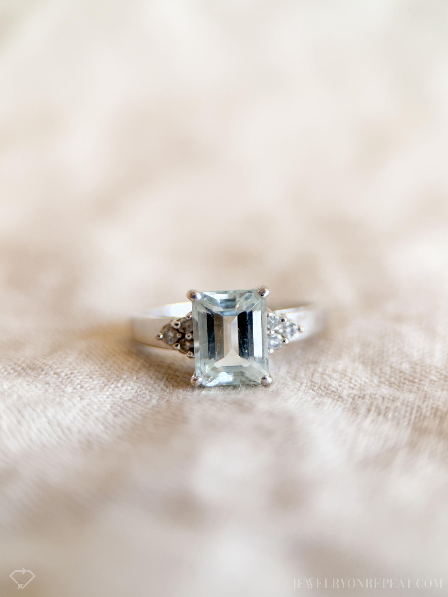 Vintage Emerald Cut Aquamarine and Diamond Ring in 14k White Gold, Retro Jewelry from the 1990s - Timeless, Sustainable, @JewelryOnRepeat