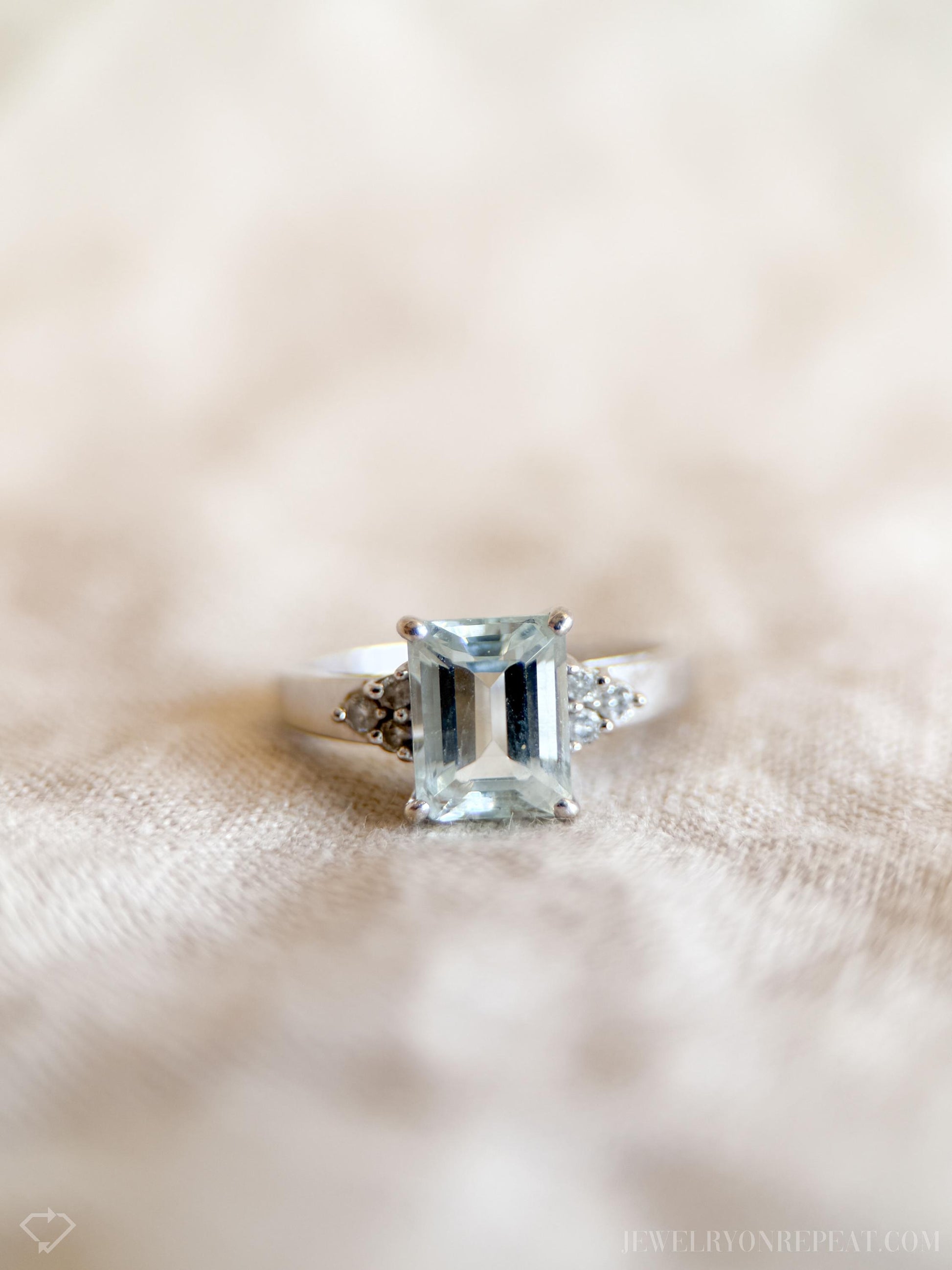 Vintage Emerald Cut Aquamarine and Diamond Ring in 14k White Gold, Retro Jewelry from the 1990s - Timeless, Sustainable, @JewelryOnRepeat