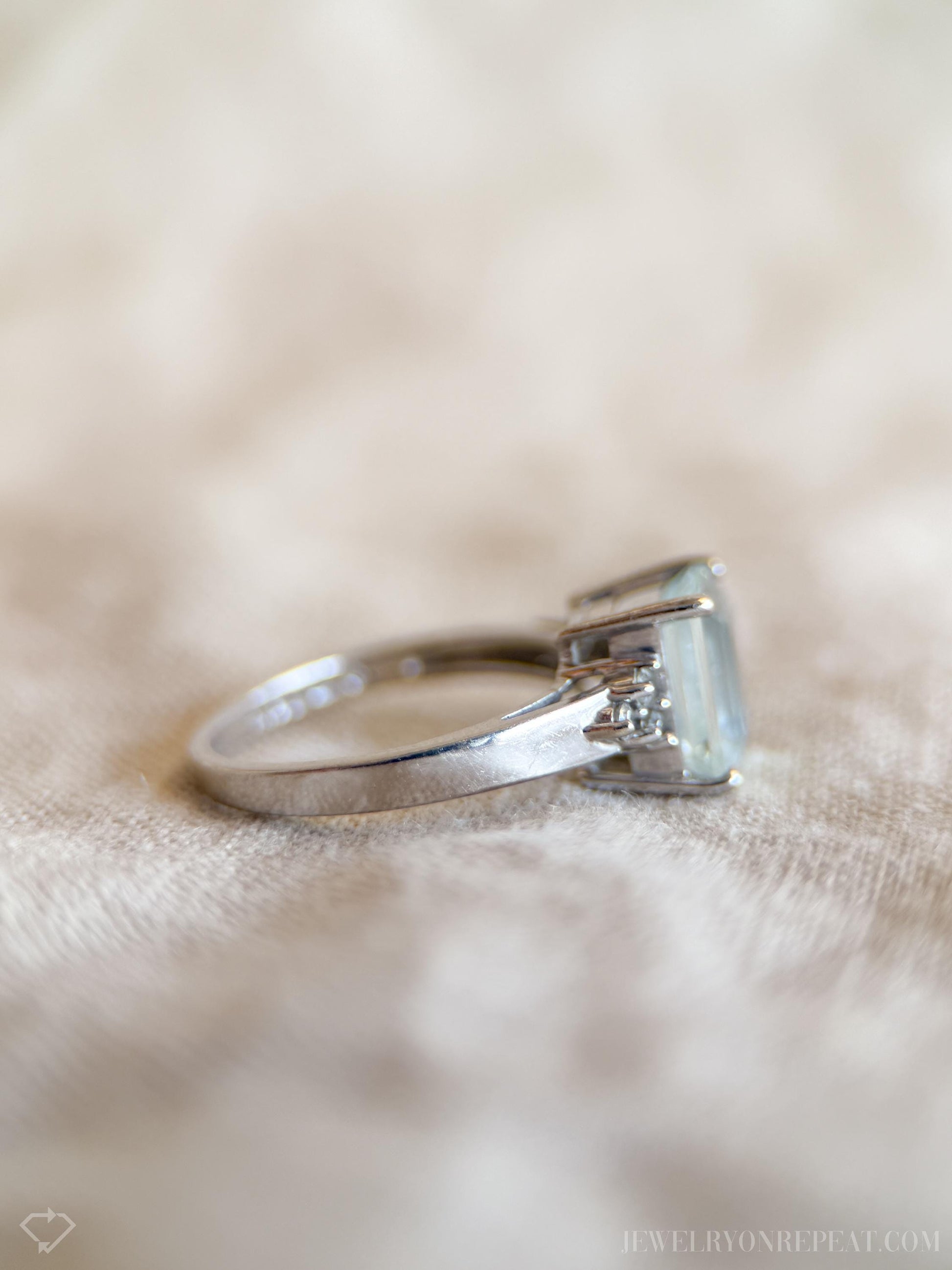Vintage Emerald Cut Aquamarine and Diamond Ring in 14k White Gold, Retro Jewelry from the 1990s - Timeless, Sustainable, @JewelryOnRepeat