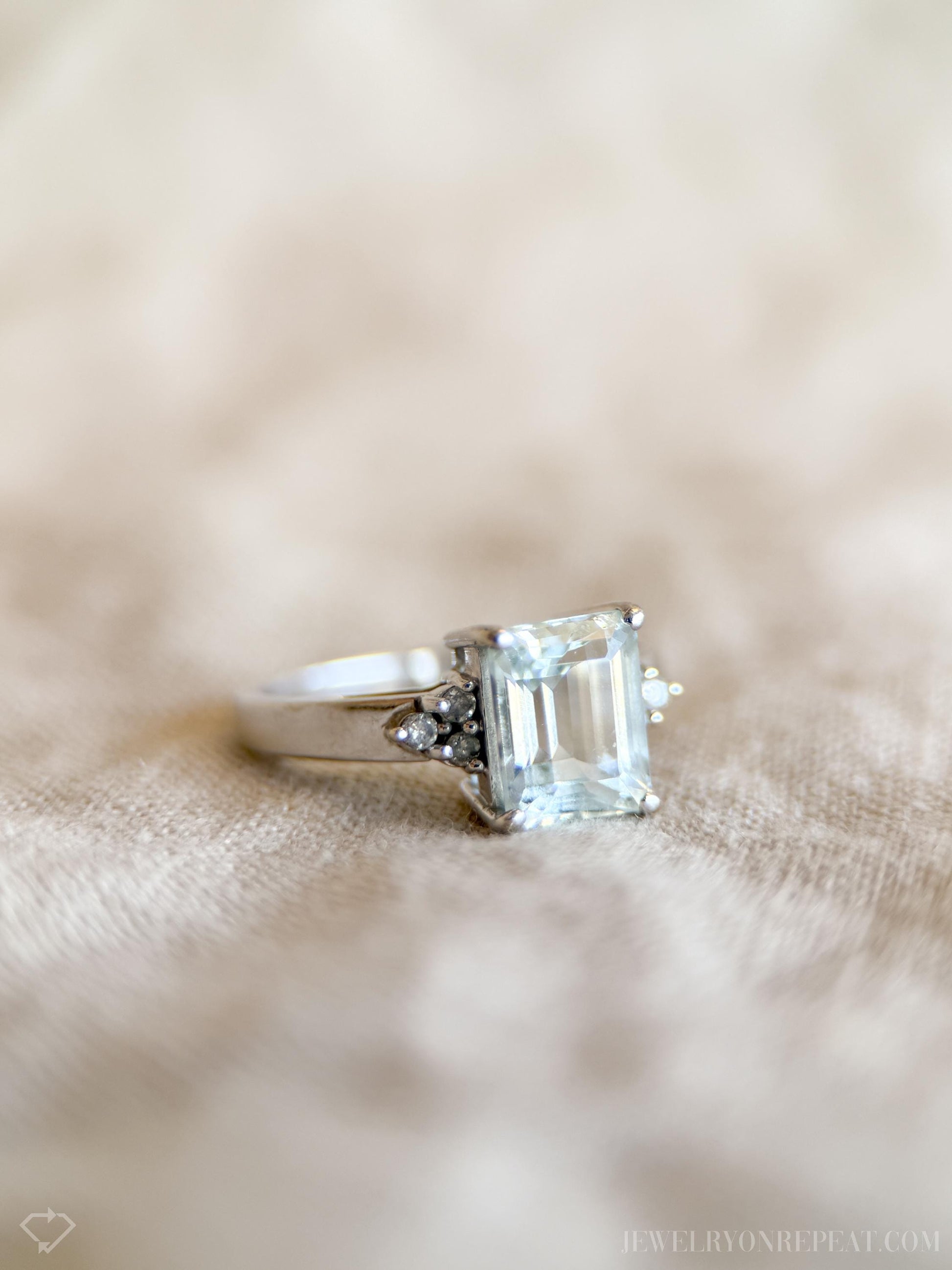 Vintage Emerald Cut Aquamarine and Diamond Ring in 14k White Gold, Retro Jewelry from the 1990s - Timeless, Sustainable, @JewelryOnRepeat