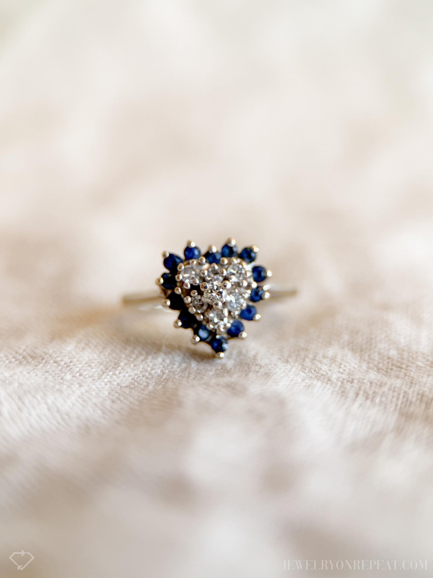 Vintage Sapphire and Diamond Heart Shaped Ring in 14k White Gold, Retro Jewelry from the 1990s - Timeless, Sustainable, @JewelryOnRepeat