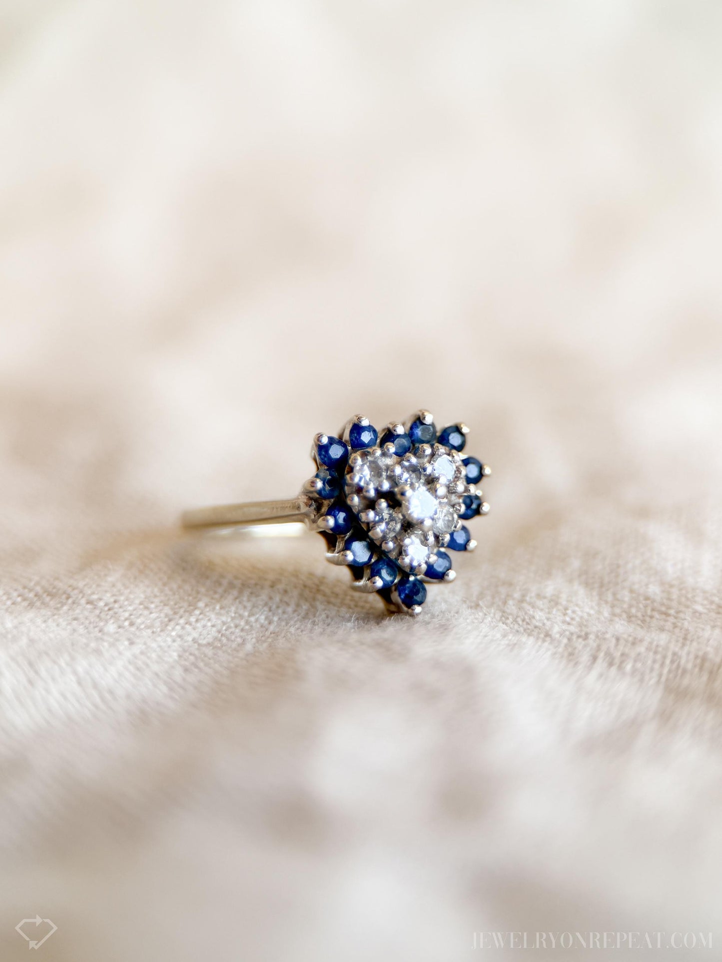 Vintage Sapphire and Diamond Heart Shaped Ring in 14k White Gold, Retro Jewelry from the 1990s - Timeless, Sustainable, @JewelryOnRepeat