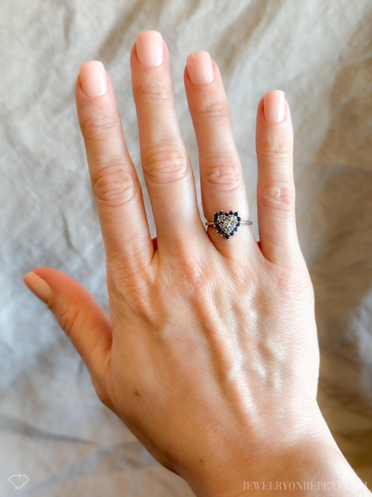 Vintage Sapphire and Diamond Heart Shaped Ring in 14k White Gold, Retro Jewelry from the 1990s - Timeless, Sustainable, @JewelryOnRepeat