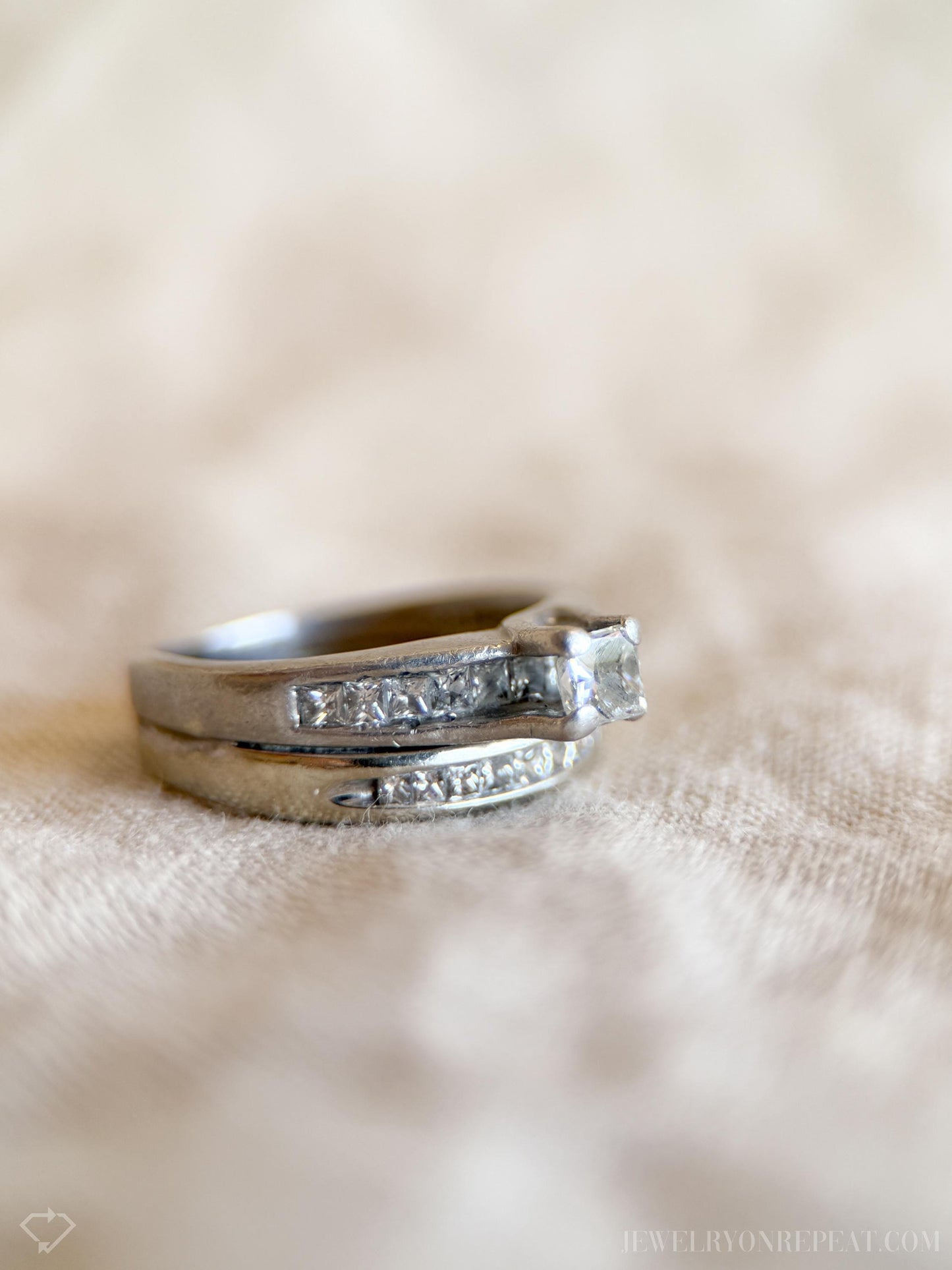 Vintage Diamond Princess Cut Channel Bridal Set in 14k White Gold and Platinum, Engagement Ring Set- Timeless, Sustainable, @JewelryOnRepeat