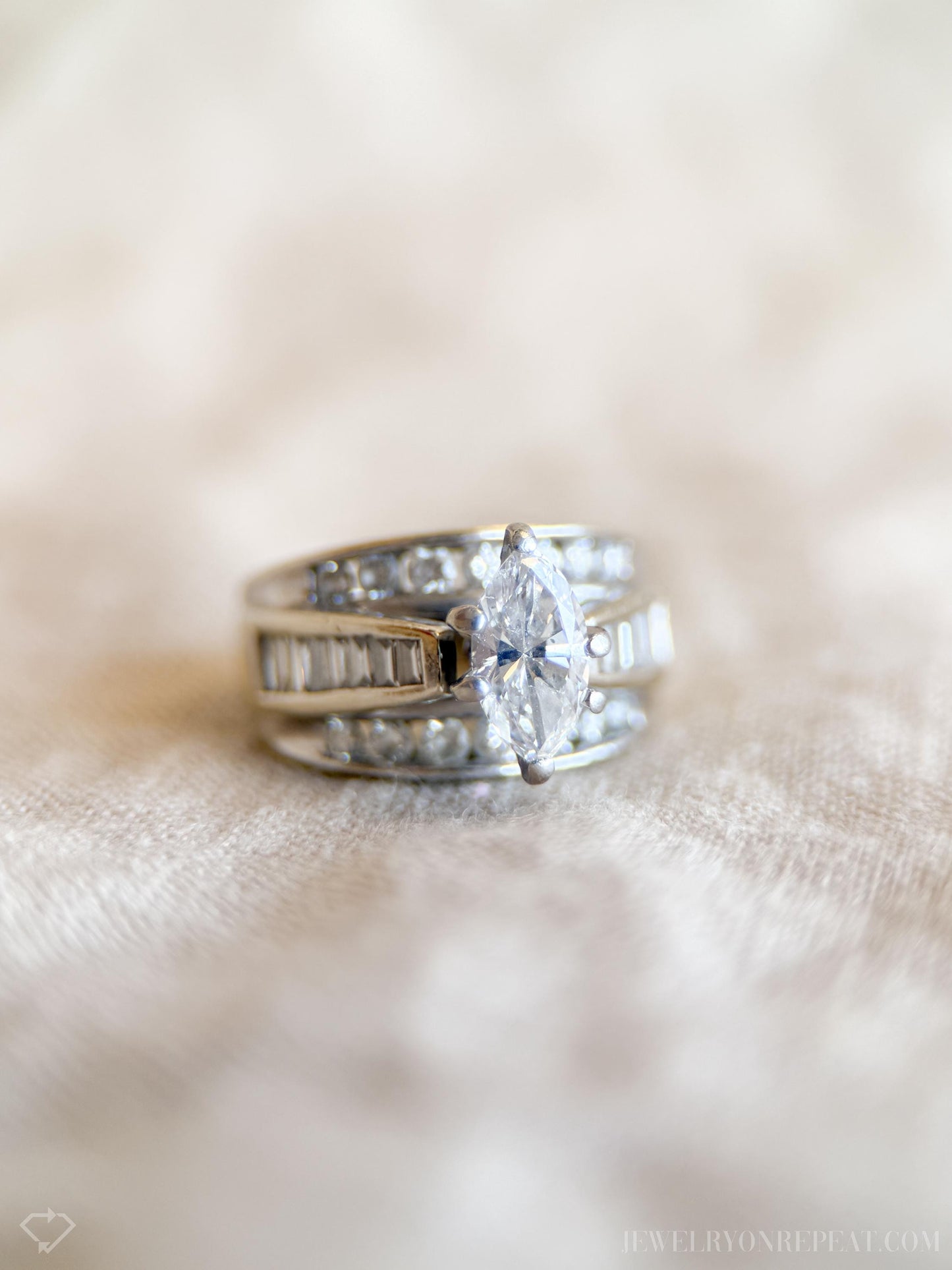 Vintage Marquise Cut Diamond Channel Set Engagement Ring in 14k White Gold, Retro 1990s Jewelry - Timeless, Sustainable, @JewelryOnRepeat