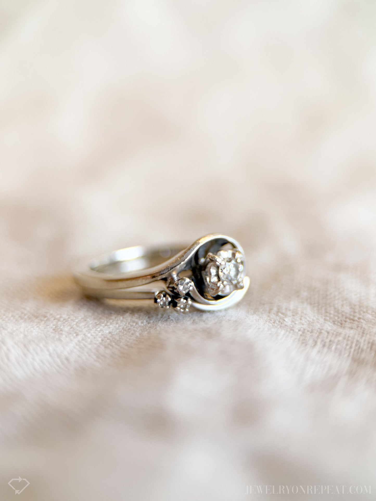 Vintage Diamond Swirl Engagement Ring Bridal Set in 14k White Gold, Antique Jewelry from the 1950s - Timeless, Sustainable, @JewelryOnRepeat