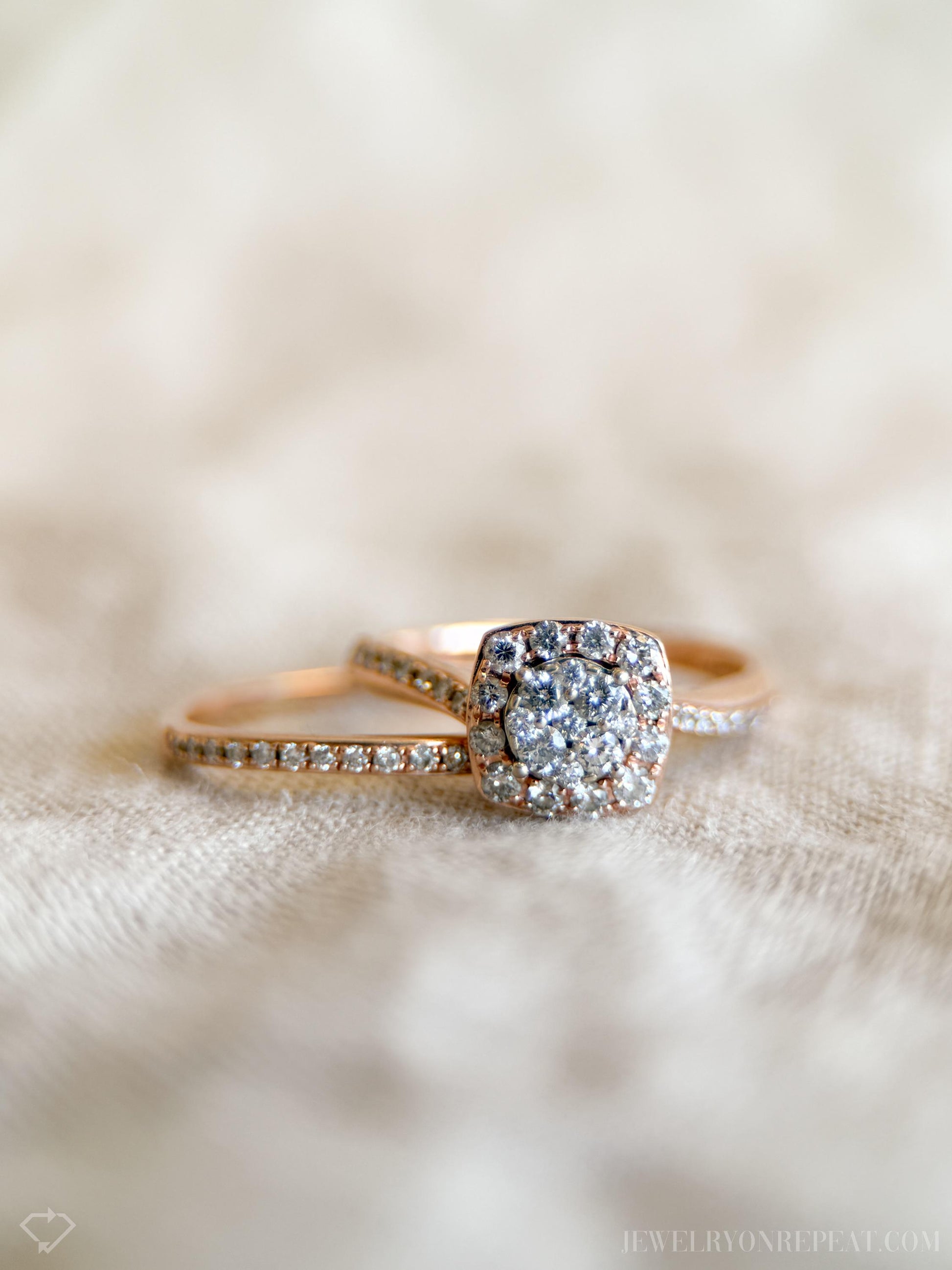 Vintage Diamond Halo Engagement Ring and Wedding Band Bridal Set in 14k Rose Gold, Retro Jewelry - Timeless, Sustainable, @JewelryOnRepeat