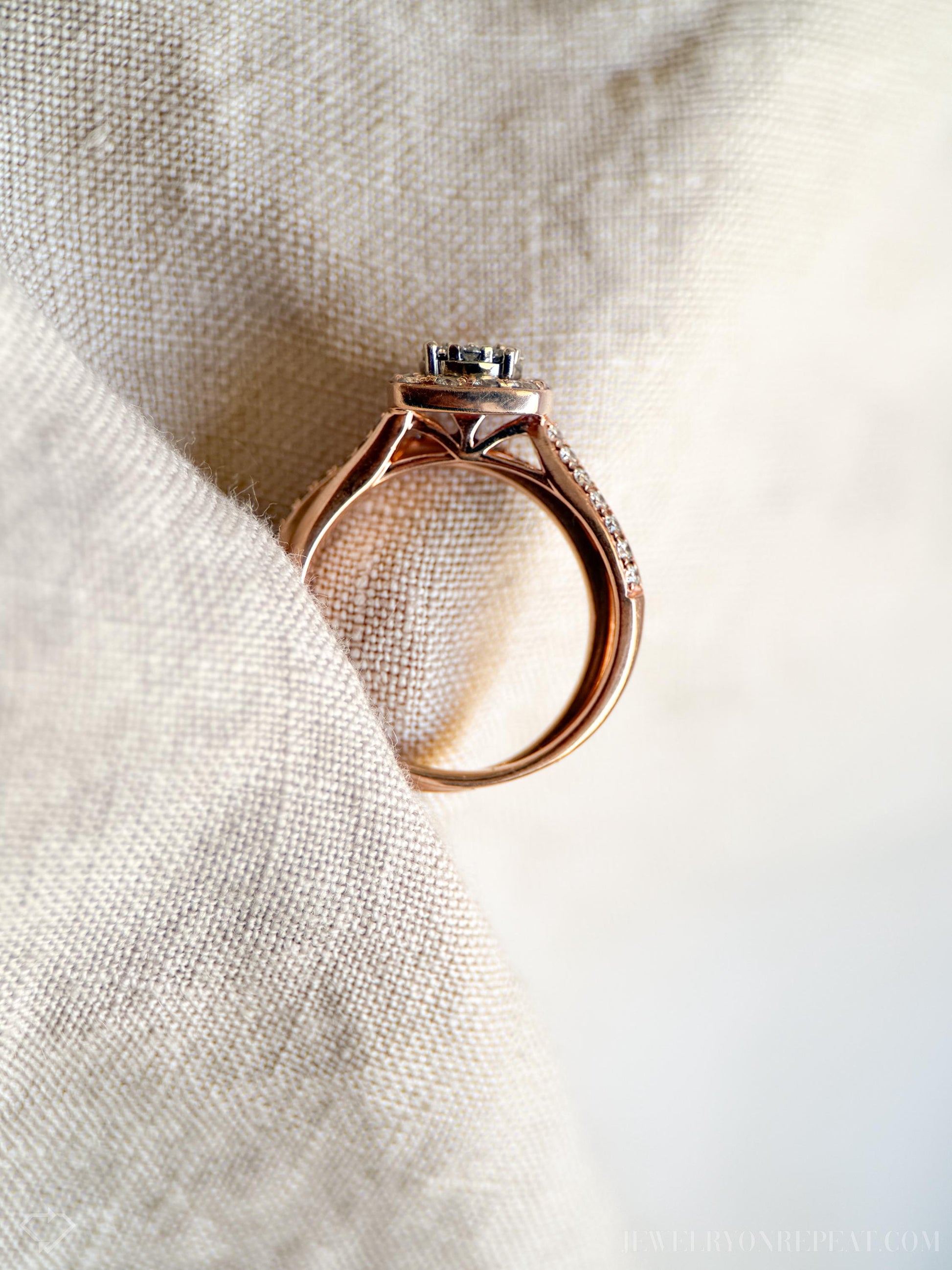 Vintage Diamond Halo Engagement Ring and Wedding Band Bridal Set in 14k Rose Gold, Retro Jewelry - Timeless, Sustainable, @JewelryOnRepeat