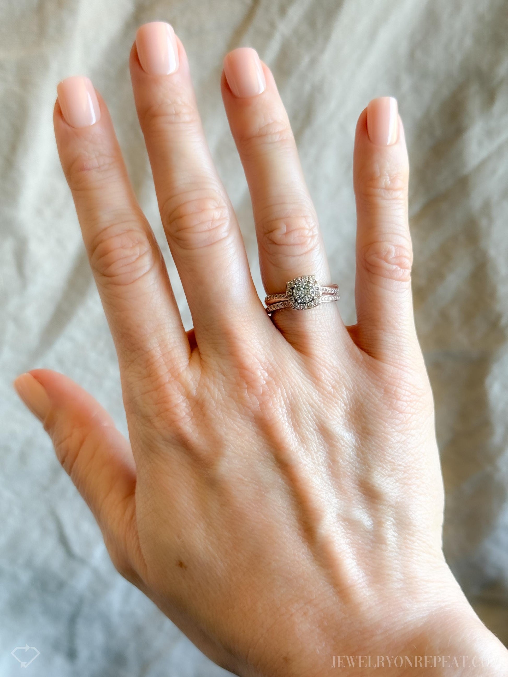 Vintage Diamond Halo Engagement Ring and Wedding Band Bridal Set in 14k Rose Gold, Retro Jewelry - Timeless, Sustainable, @JewelryOnRepeat