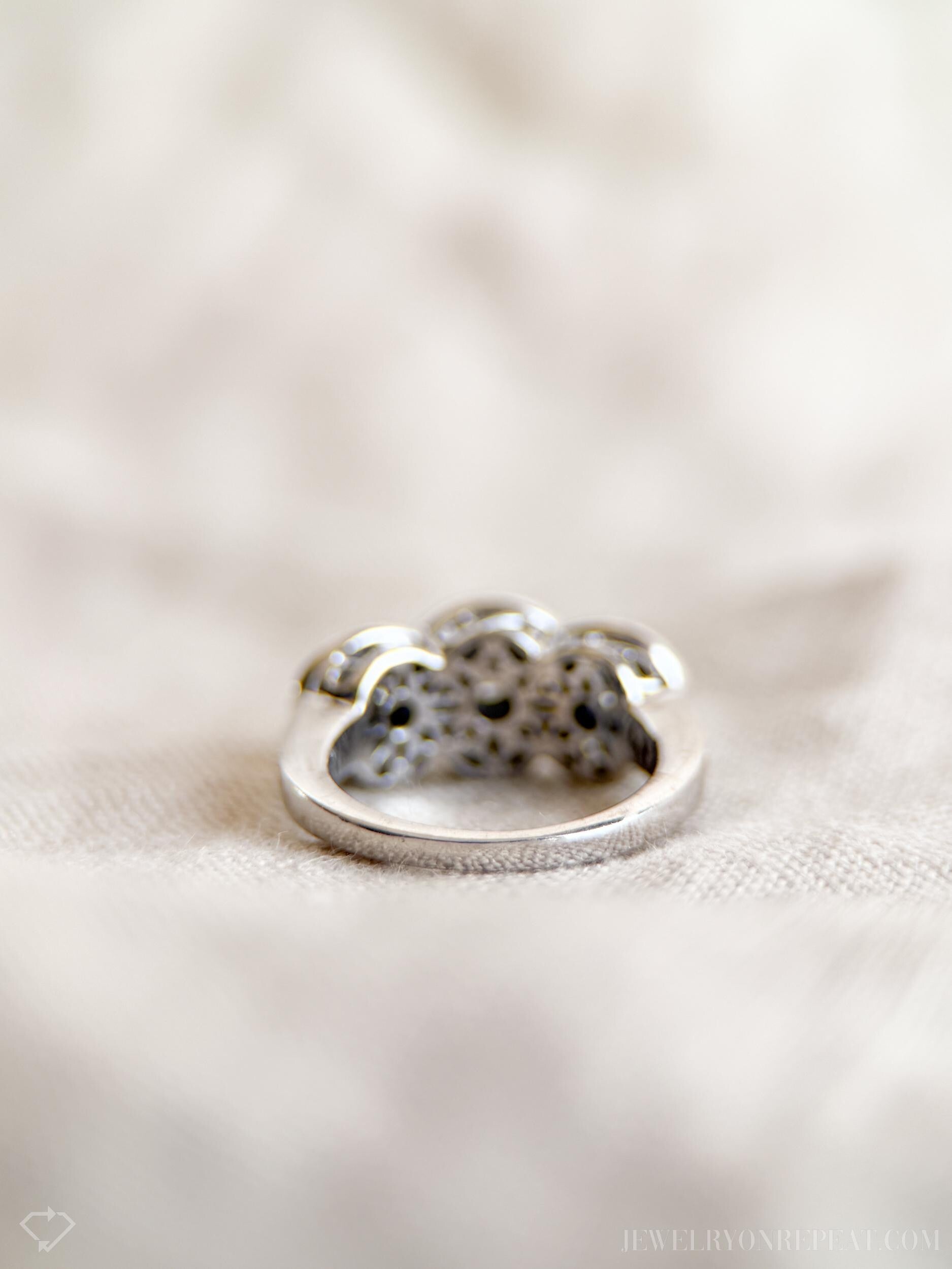 Vintage Diamond Halo Bezel Three Stone Engagement Ring in 14k White Gold - Retro 1990s Jewelry - Timeless, Sustainable, @JewelryOnRepeat