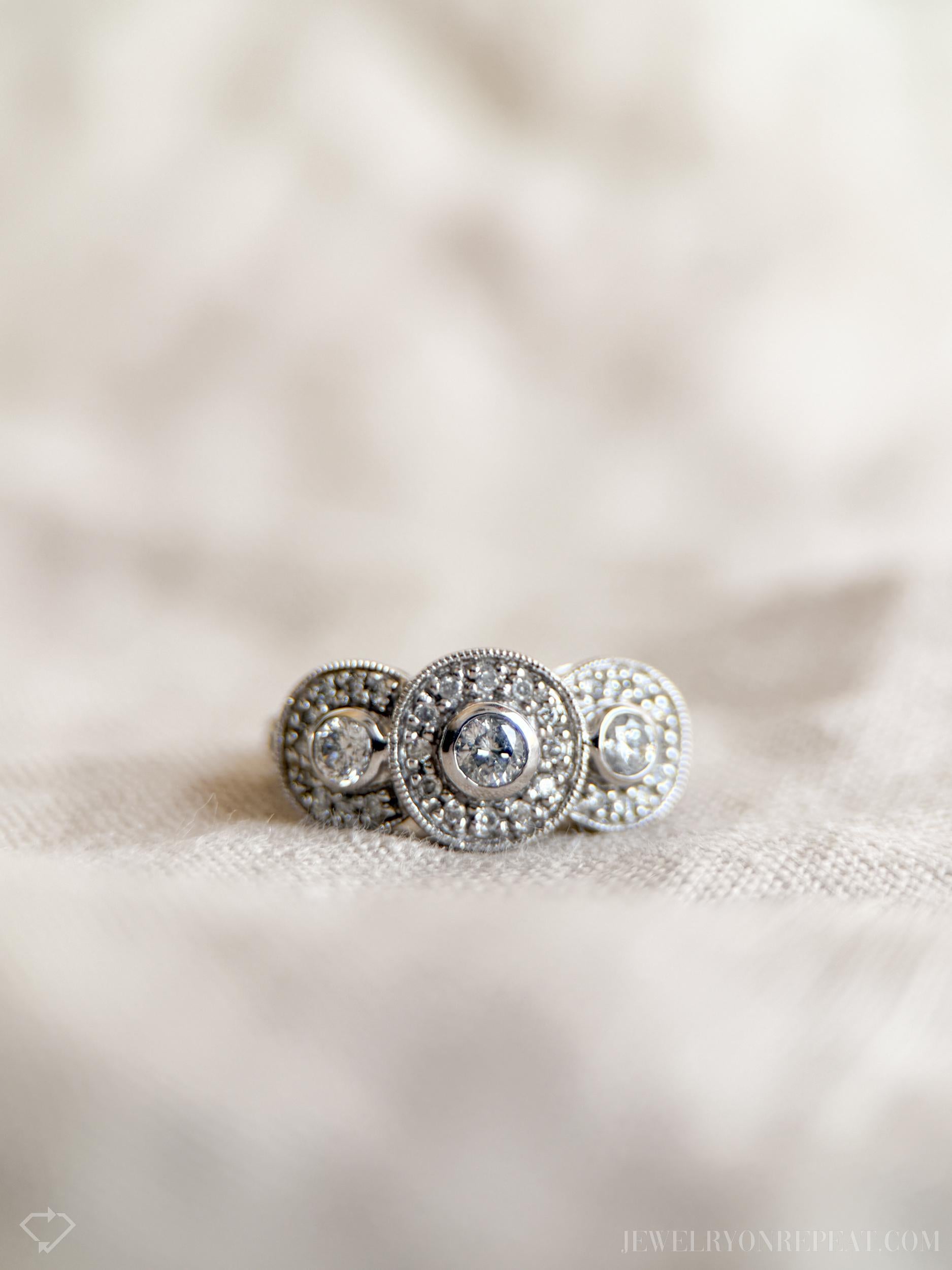Vintage Diamond Halo Bezel Three Stone Engagement Ring in 14k White Gold - Retro 1990s Jewelry - Timeless, Sustainable, @JewelryOnRepeat