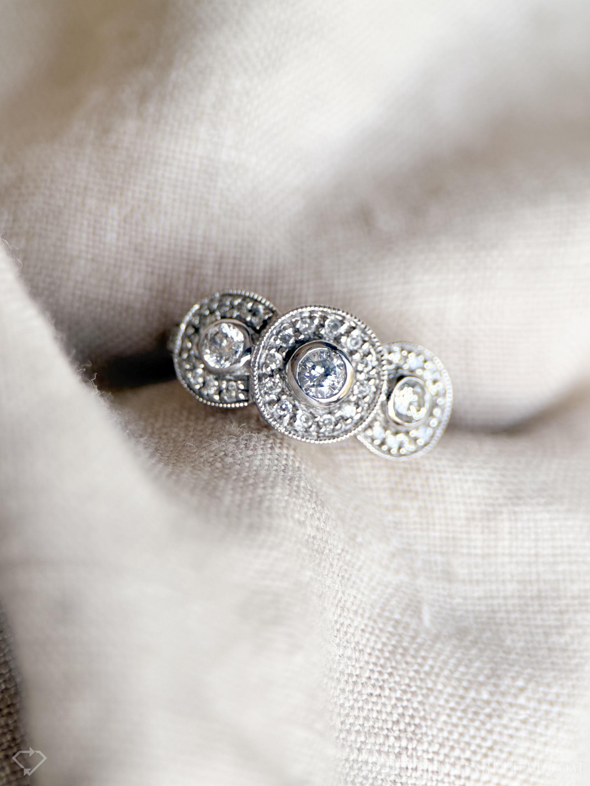 Vintage Diamond Halo Bezel Three Stone Engagement Ring in 14k White Gold - Retro 1990s Jewelry - Timeless, Sustainable, @JewelryOnRepeat