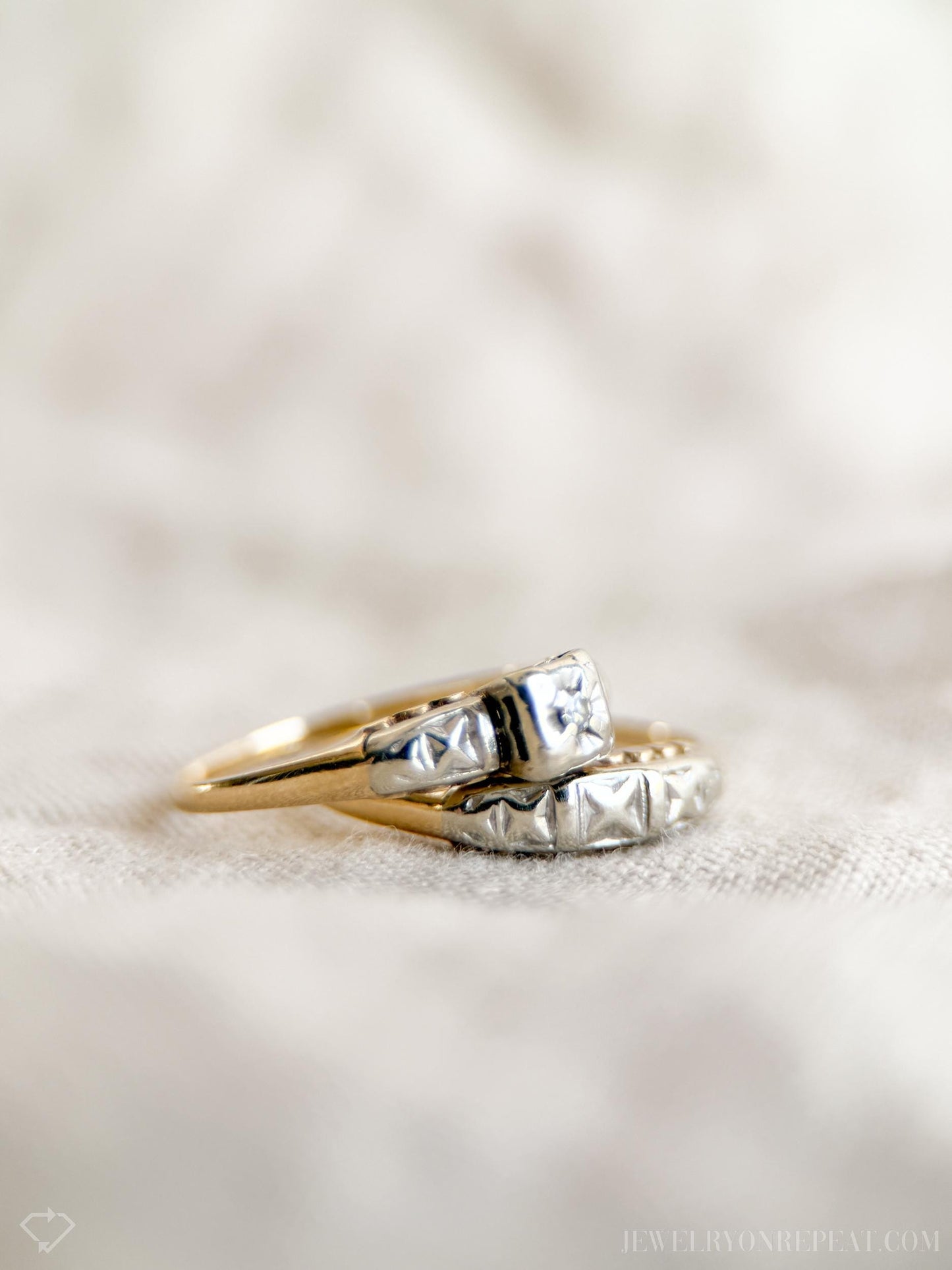 Vintage Art Deco Diamond Bridal Set, Engagement Ring and Wedding Band in 14k Gold, Antique 1920s Jewelry - Timeless, @JewelryOnRepeat