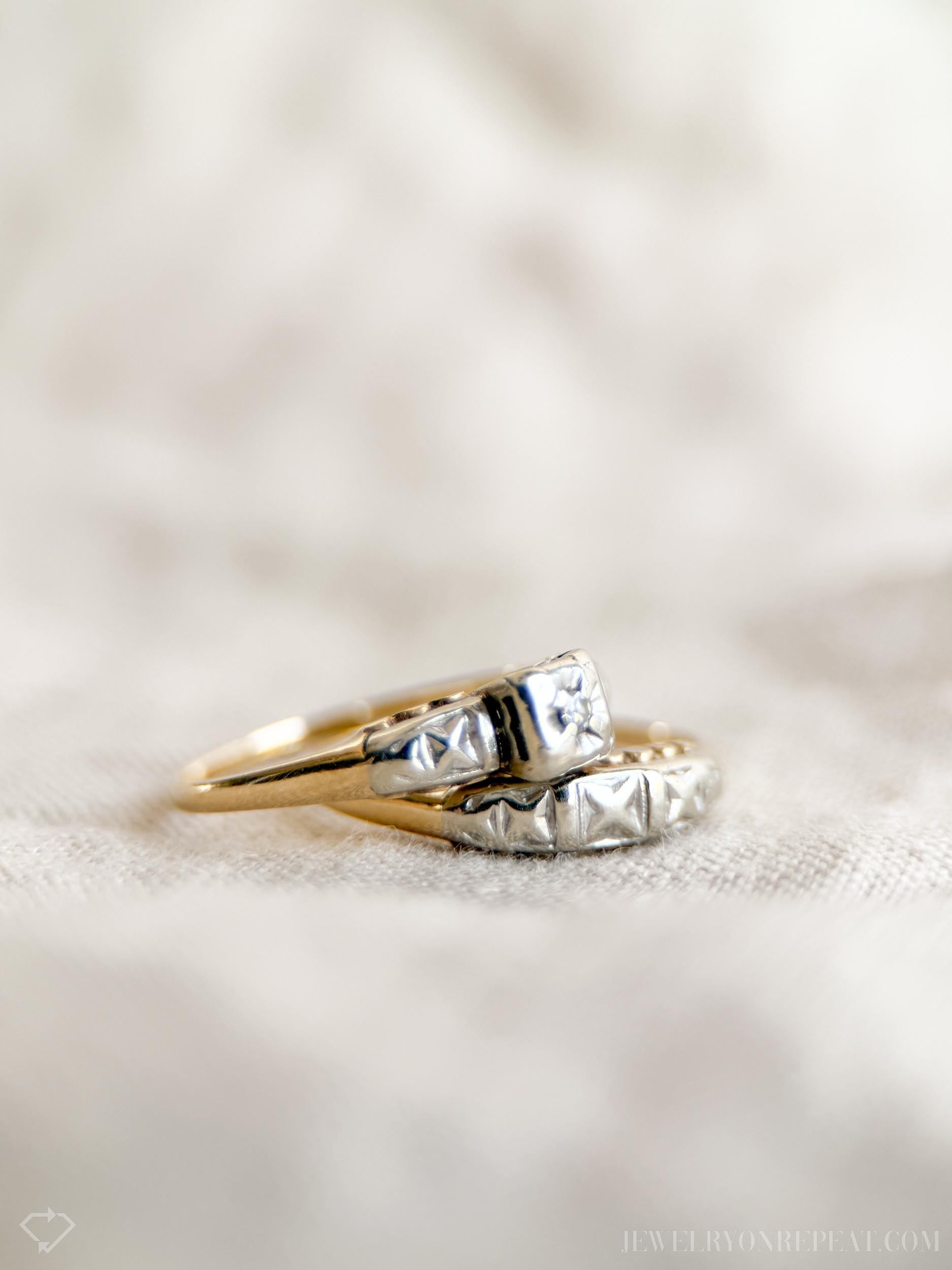 Vintage Art Deco Diamond Bridal Set, Engagement Ring and Wedding Band in 14k Gold, Antique 1920s Jewelry - Timeless, @JewelryOnRepeat