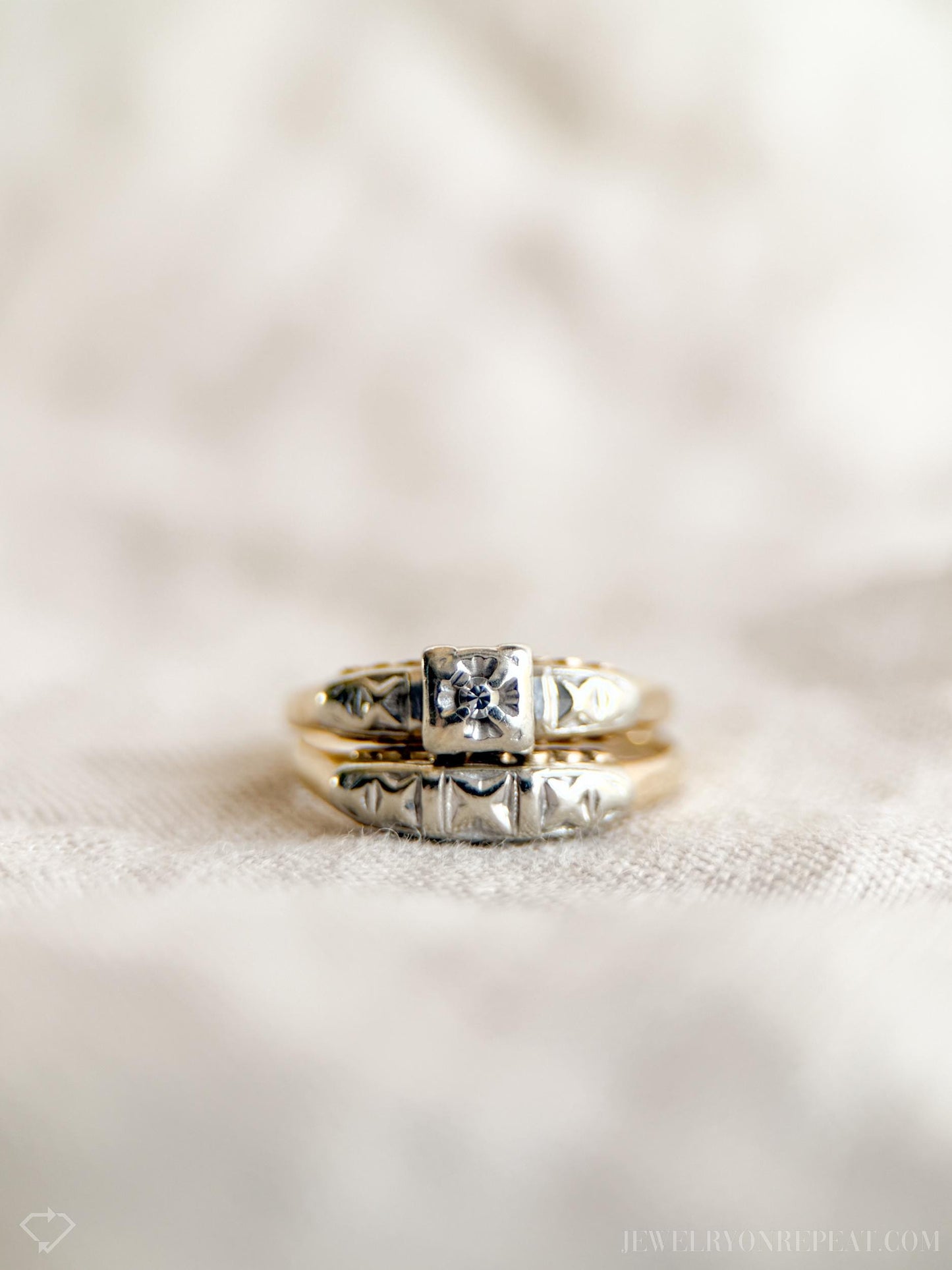 Vintage Art Deco Diamond Bridal Set, Engagement Ring and Wedding Band in 14k Gold, Antique 1920s Jewelry - Timeless, @JewelryOnRepeat
