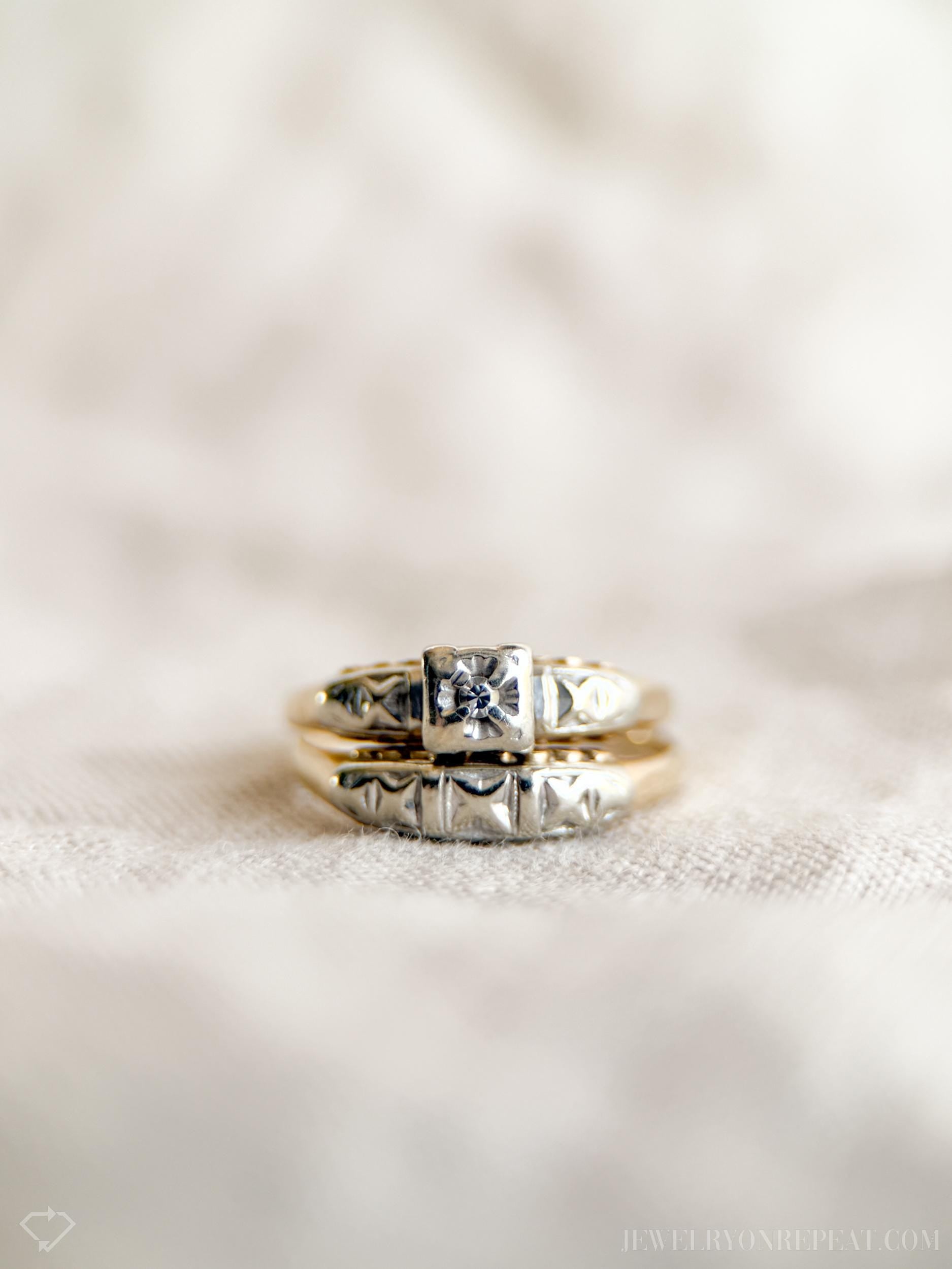 Vintage Art Deco Diamond Bridal Set, Engagement Ring and Wedding Band in 14k Gold, Antique 1920s Jewelry - Timeless, @JewelryOnRepeat