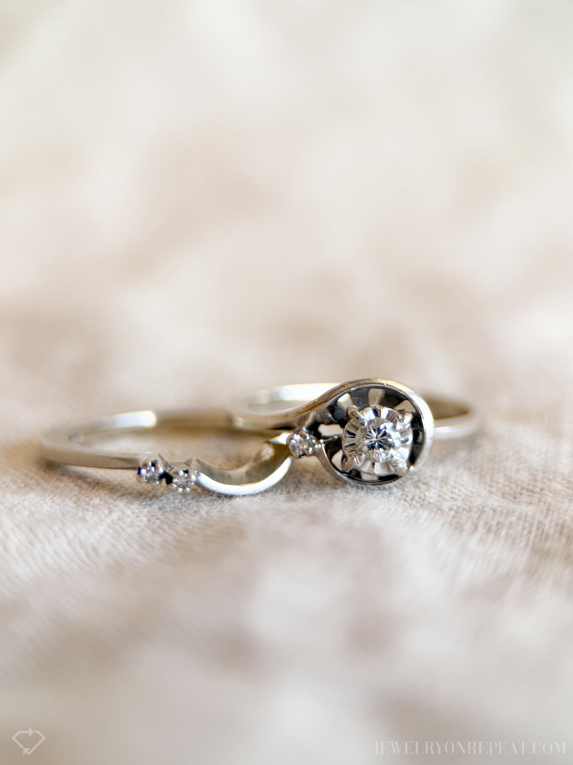 Vintage Diamond Swirl Engagement Ring Bridal Set in 14k White Gold, Antique Jewelry from the 1950s - Timeless, Sustainable, @JewelryOnRepeat