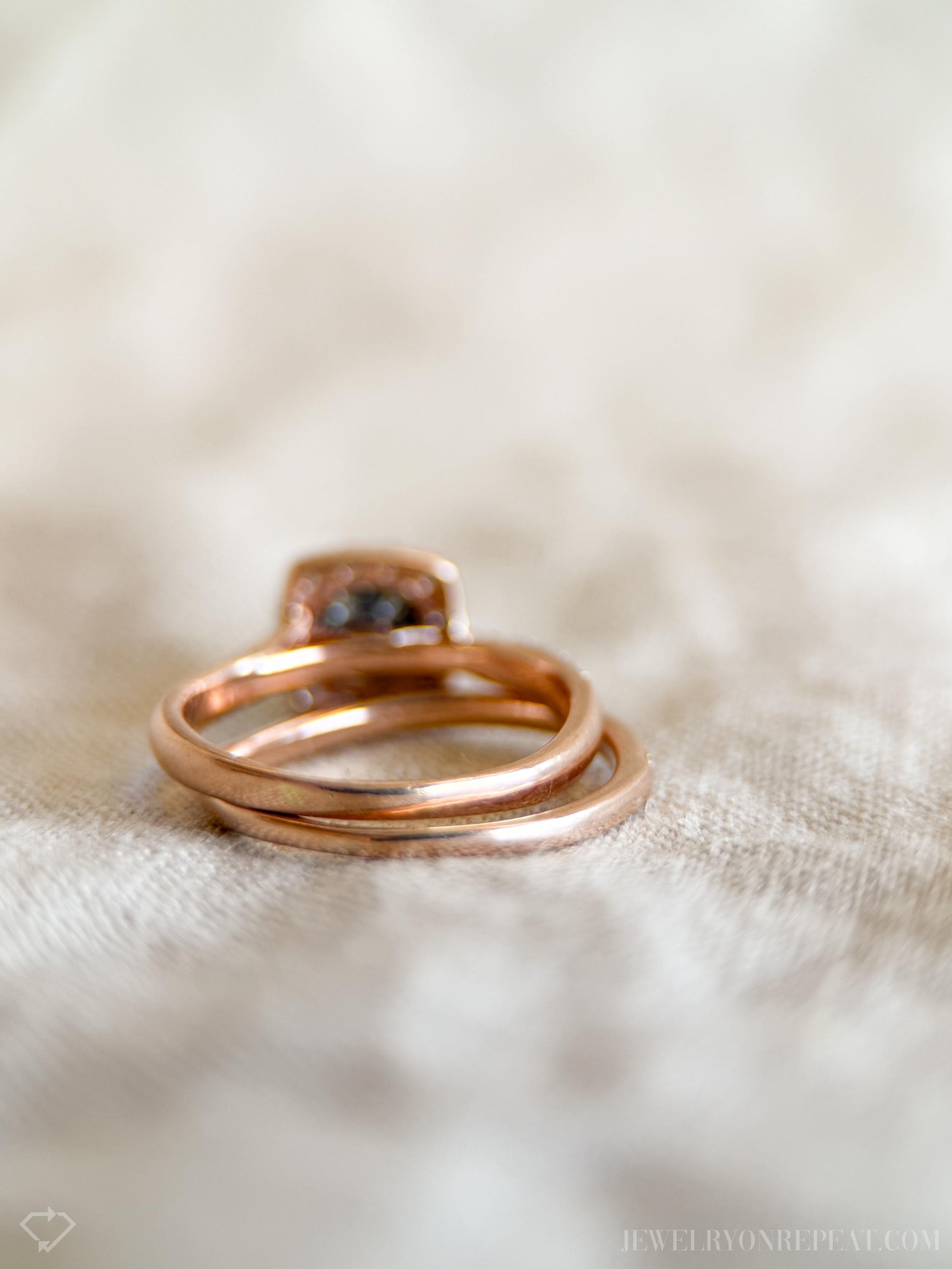 Vintage Diamond Halo Engagement Ring and Wedding Band Bridal Set in 14k Rose Gold, Retro Jewelry - Timeless, Sustainable, @JewelryOnRepeat