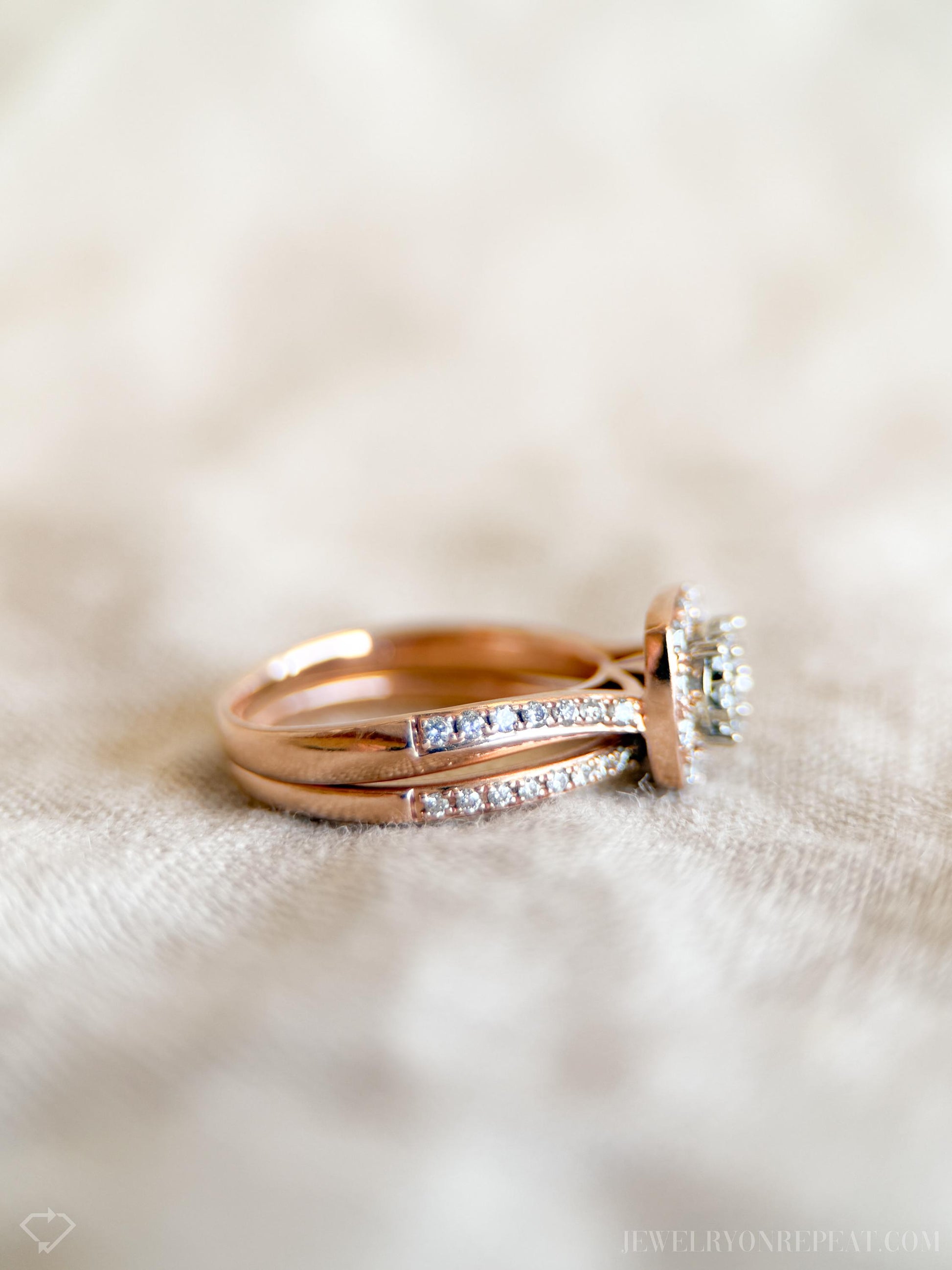 Vintage Diamond Halo Engagement Ring and Wedding Band Bridal Set in 14k Rose Gold, Retro Jewelry - Timeless, Sustainable, @JewelryOnRepeat