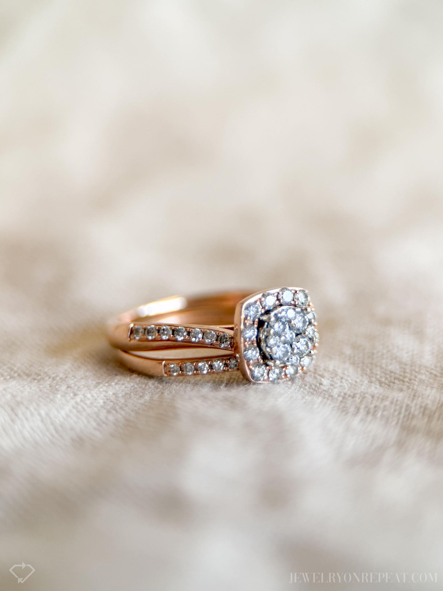 Vintage Diamond Halo Engagement Ring and Wedding Band Bridal Set in 14k Rose Gold, Retro Jewelry - Timeless, Sustainable, @JewelryOnRepeat