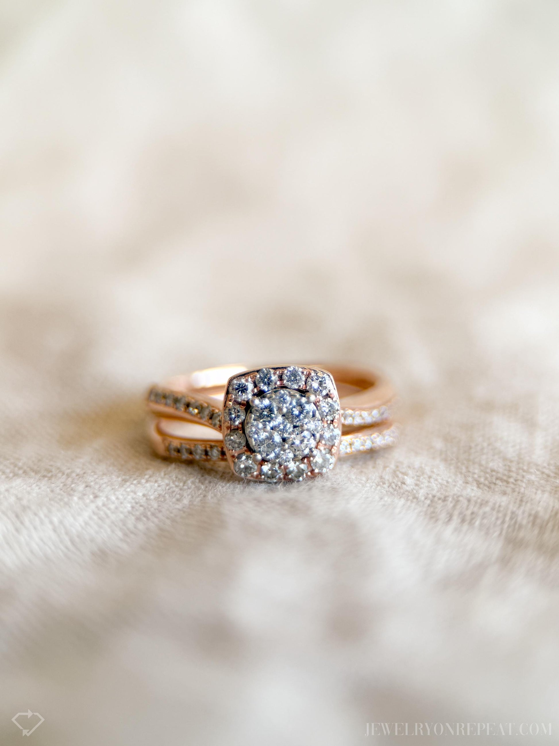 Vintage Diamond Halo Engagement Ring and Wedding Band Bridal Set in 14k Rose Gold, Retro Jewelry - Timeless, Sustainable, @JewelryOnRepeat