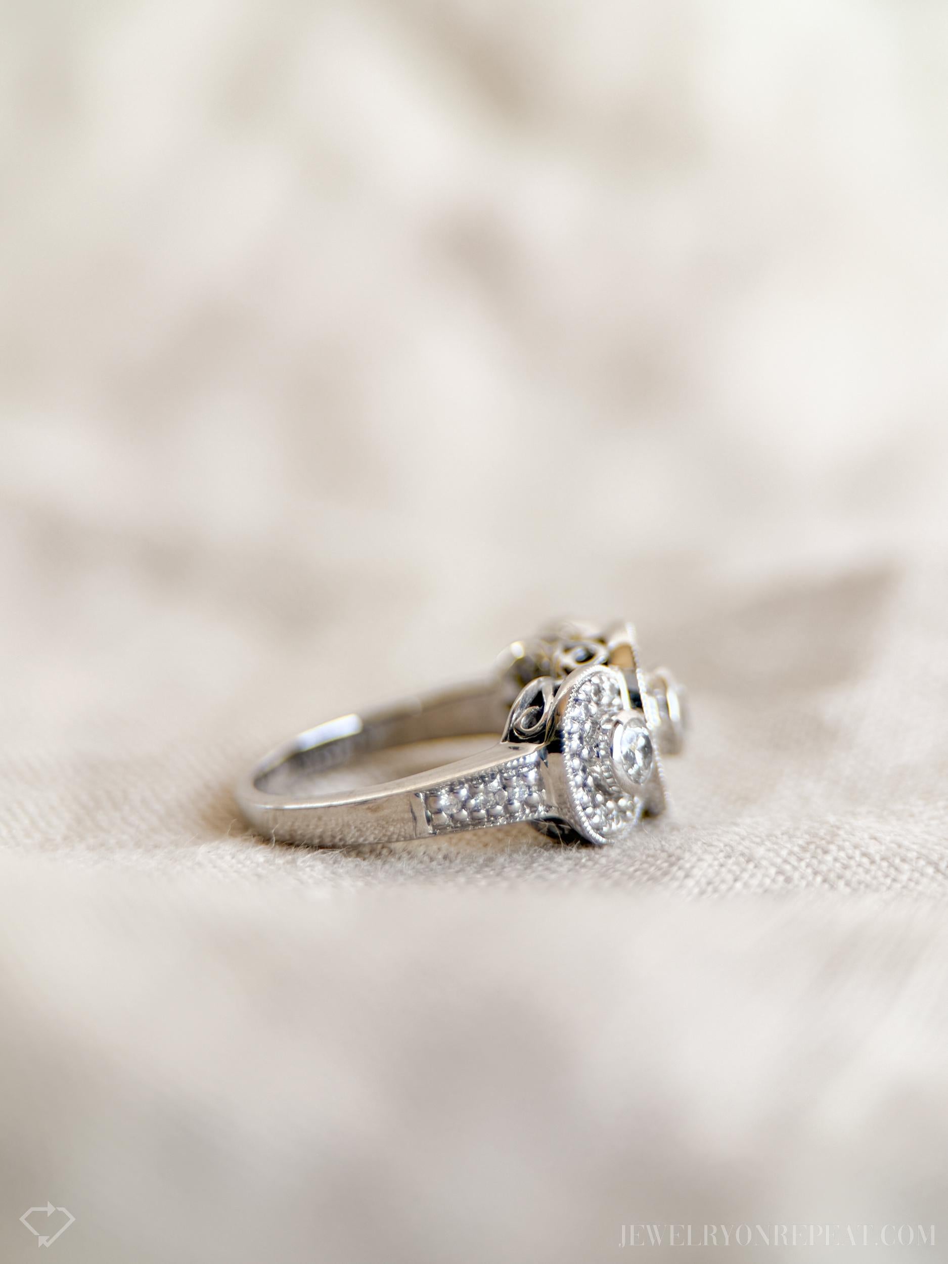 Vintage Diamond Halo Bezel Three Stone Engagement Ring in 14k White Gold - Retro 1990s Jewelry - Timeless, Sustainable, @JewelryOnRepeat