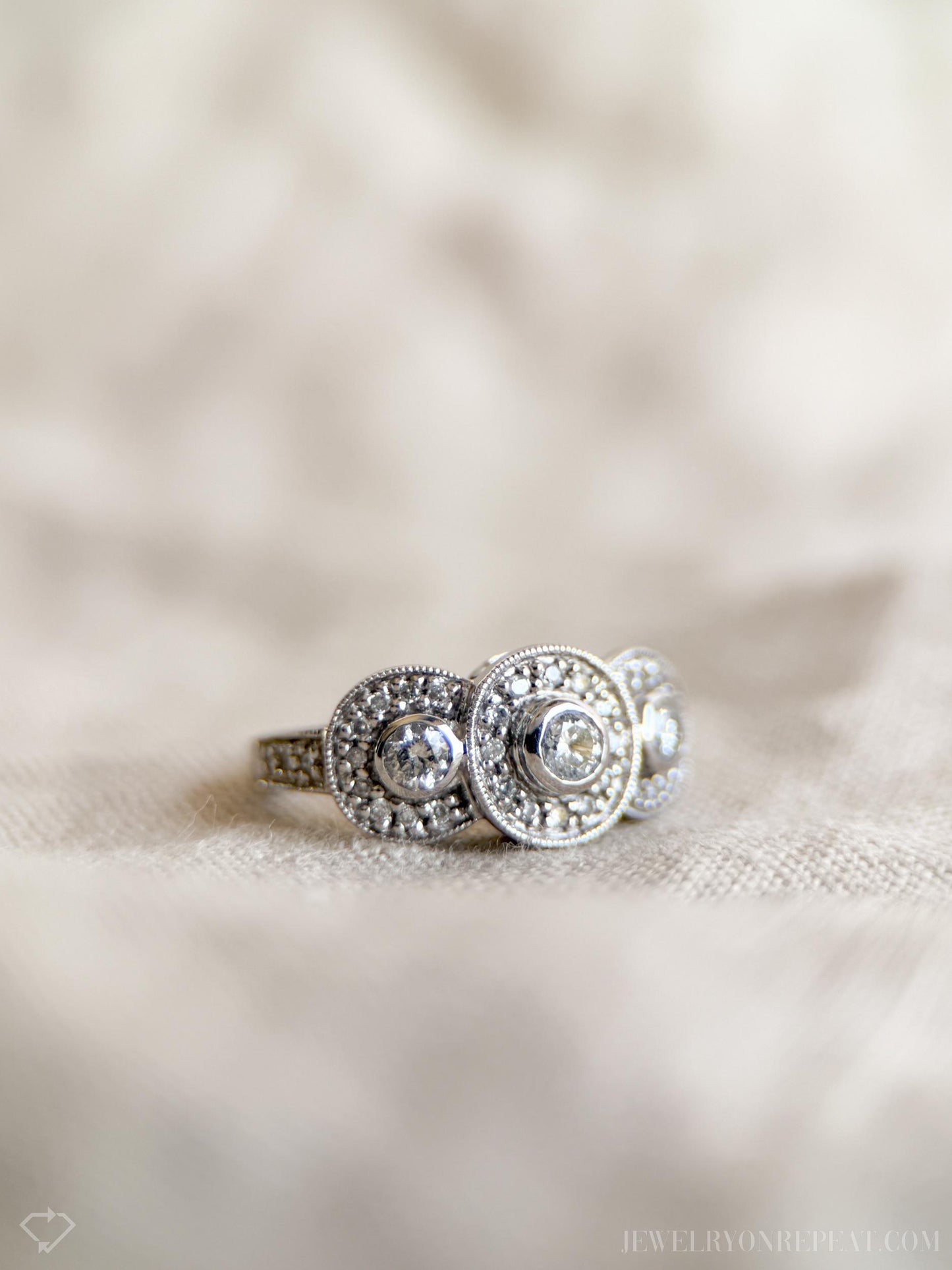 Vintage Diamond Halo Bezel Three Stone Engagement Ring in 14k White Gold - Retro 1990s Jewelry - Timeless, Sustainable, @JewelryOnRepeat