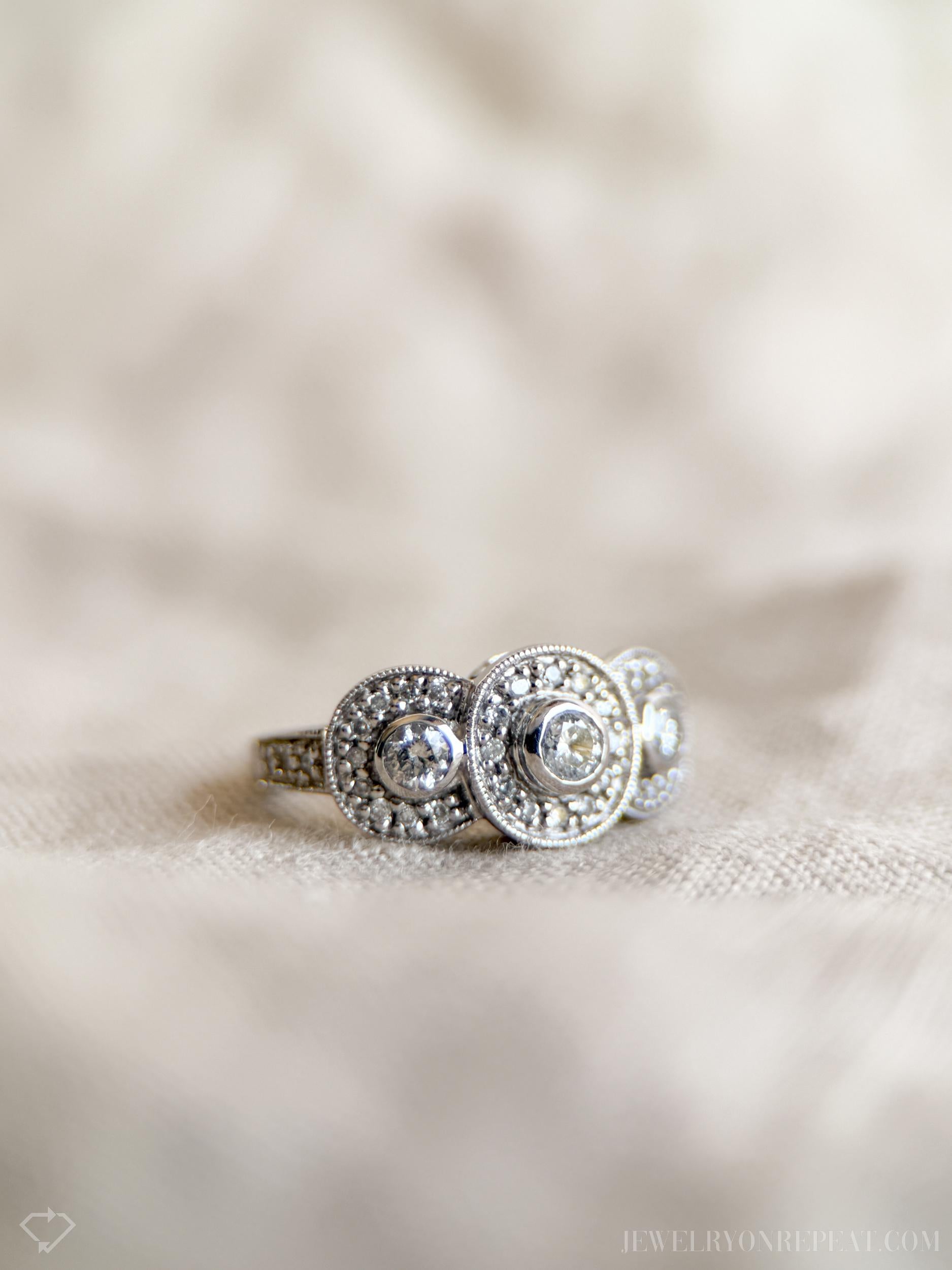 Vintage Diamond Halo Bezel Three Stone Engagement Ring in 14k White Gold - Retro 1990s Jewelry - Timeless, Sustainable, @JewelryOnRepeat