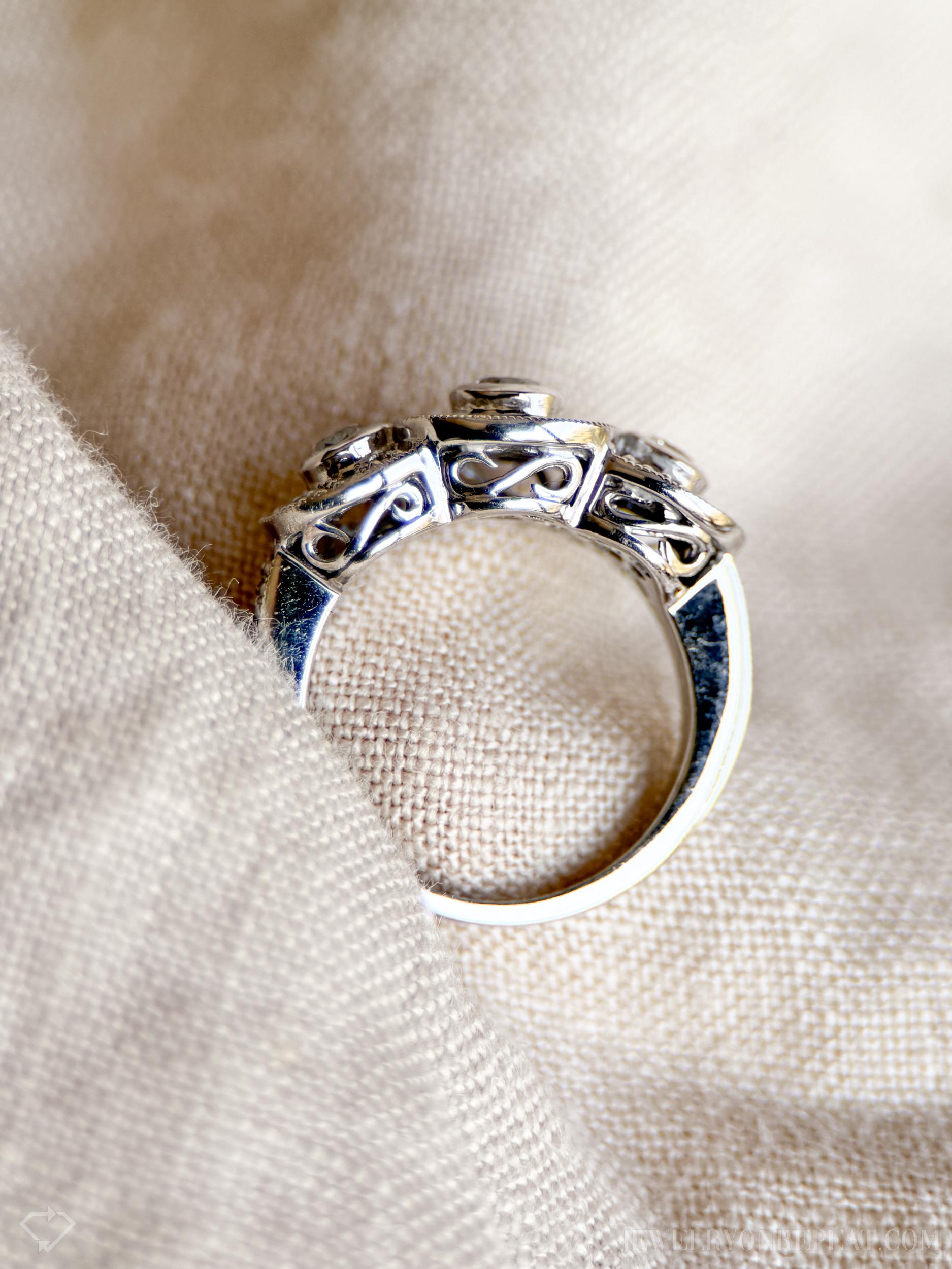 Vintage Diamond Halo Bezel Three Stone Engagement Ring in 14k White Gold - Retro 1990s Jewelry - Timeless, Sustainable, @JewelryOnRepeat