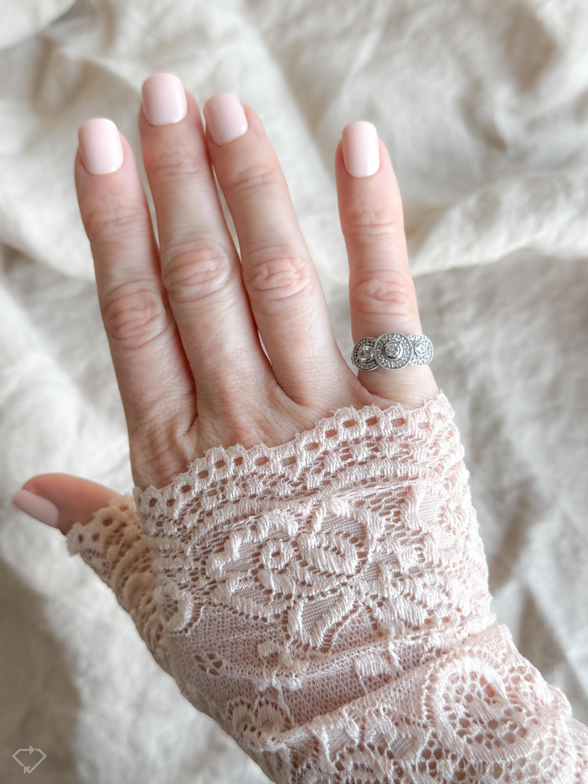 Vintage Diamond Halo Bezel Three Stone Engagement Ring in 14k White Gold - Retro 1990s Jewelry - Timeless, Sustainable, @JewelryOnRepeat