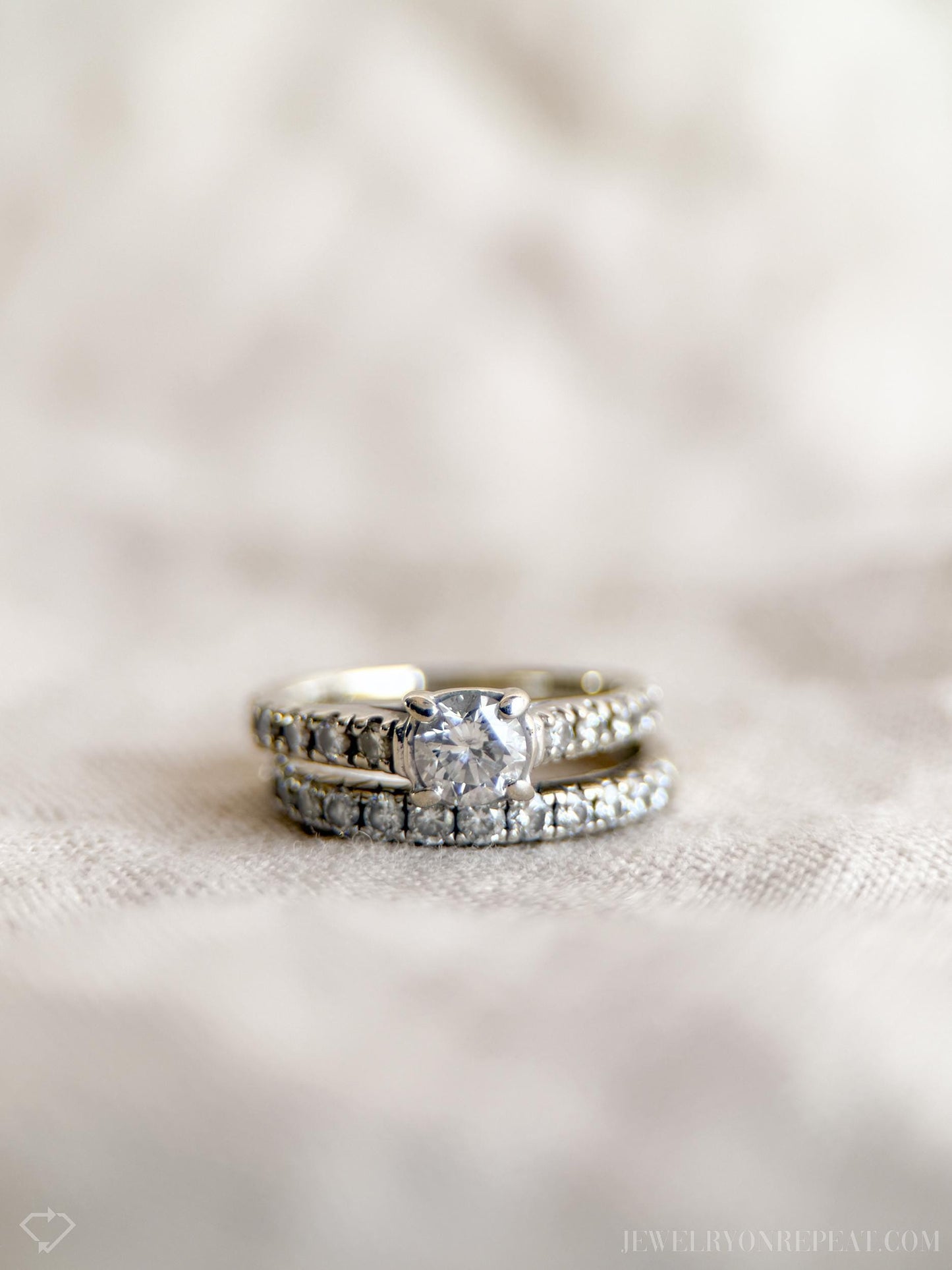 Vintage Diamond Engagement Ring and Wedding Band Set in 14k White Gold, Retro 1990s Jewelry - Timeless, Sustainable, @JewelryOnRepeat