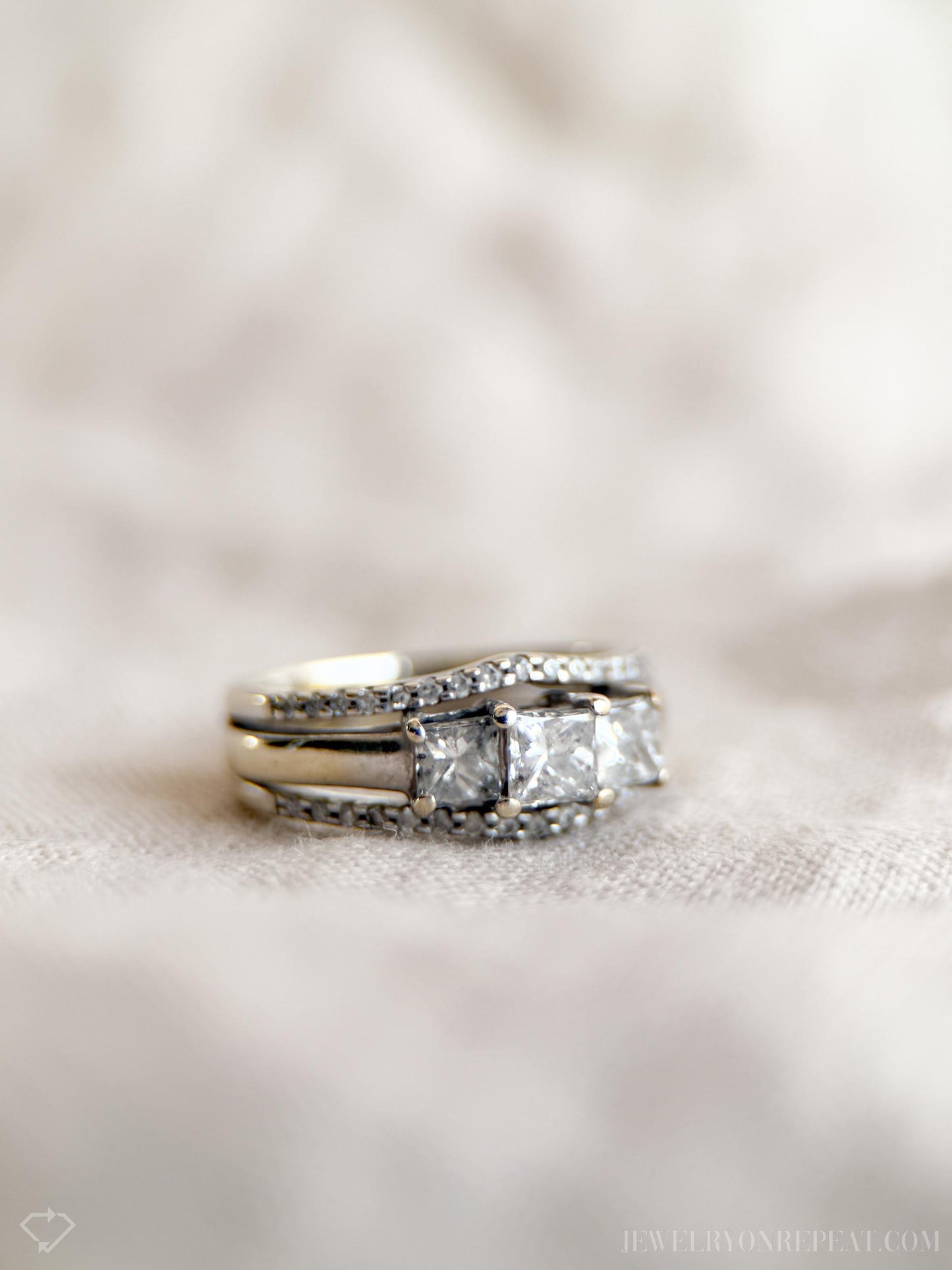 Vintage Three Stone Princess Cut Diamond Wedding Set in 14k White Gold, Retro 1990s Jewelry - Timeless, Sustainable, @JewelryOnRepeat