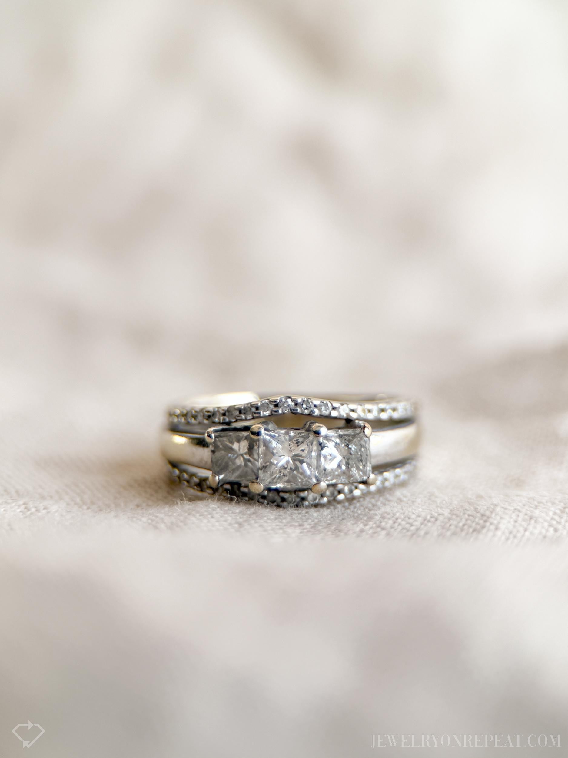 Vintage Three Stone Princess Cut Diamond Wedding Set in 14k White Gold, Retro 1990s Jewelry - Timeless, Sustainable, @JewelryOnRepeat