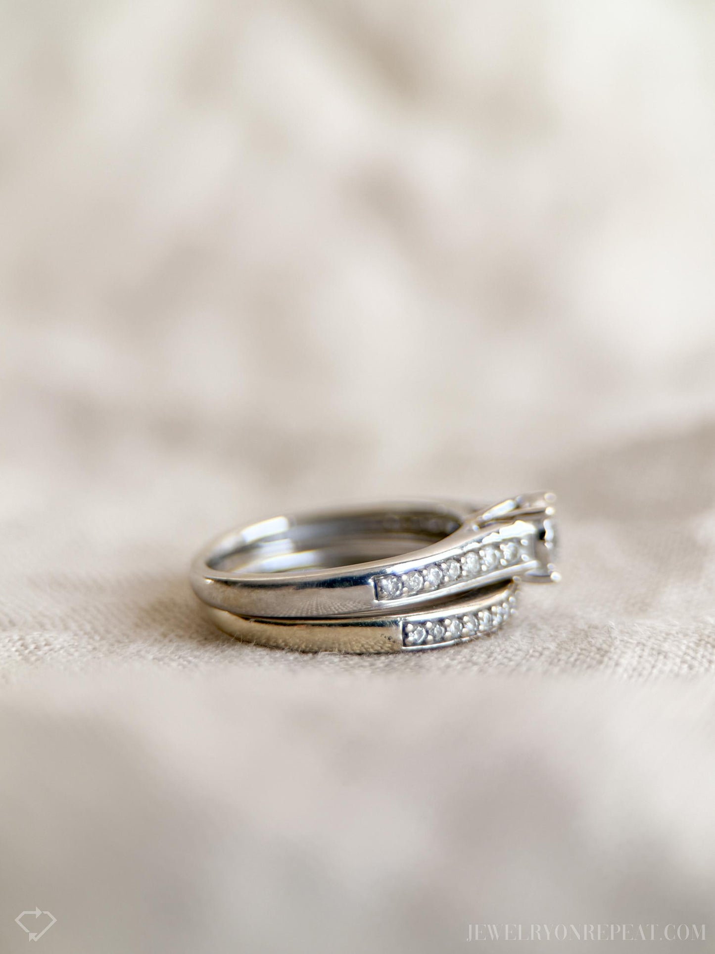 Vintage Diamond Engagement Ring and Wedding Band Set in 14k White Gold, Retro 1990s Jewelry - Timeless, Sustainable, @JewelryOnRepeat